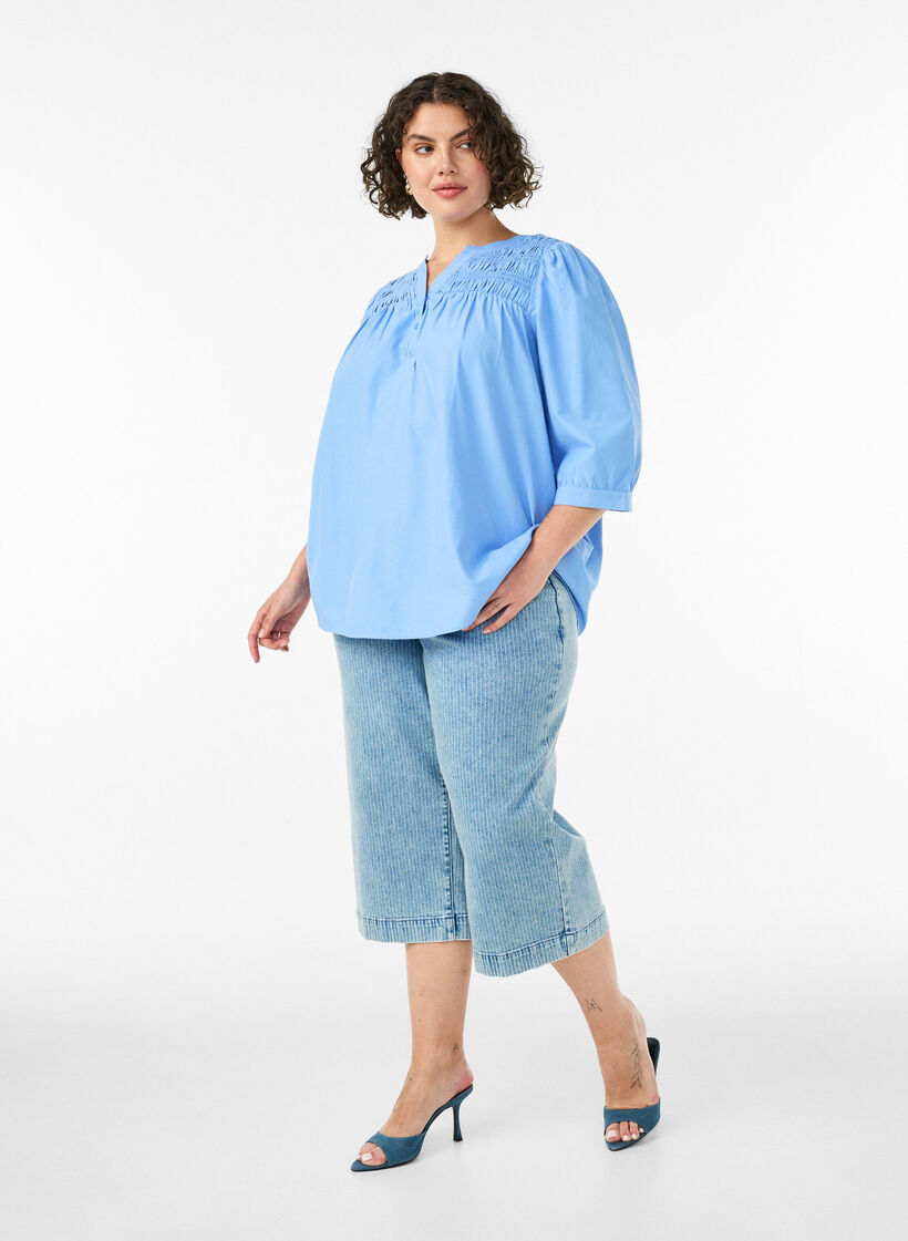 Blouse avec smock et manches 3/4, Bleu, Model image number 1