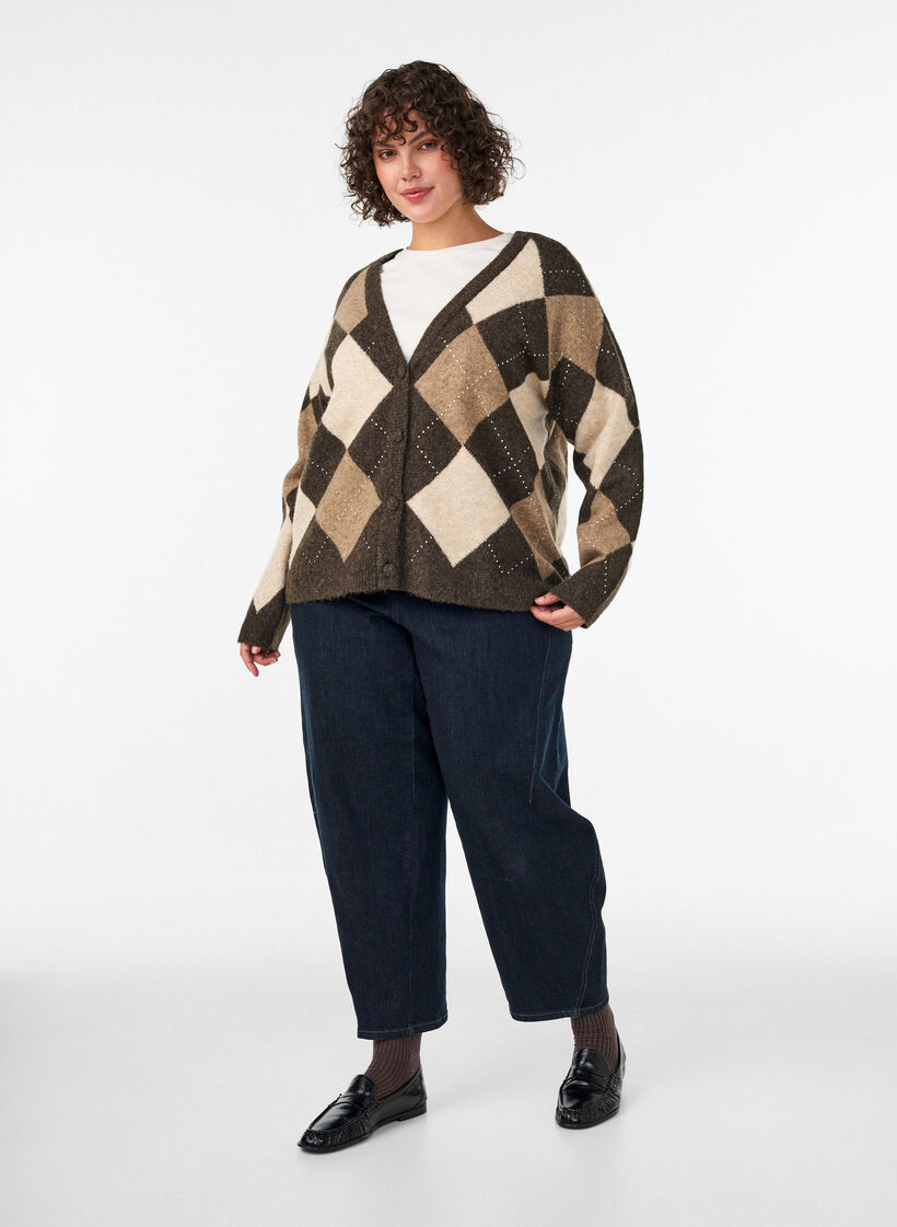 Cardigan argyle avec strass, Marron, Model image number 1