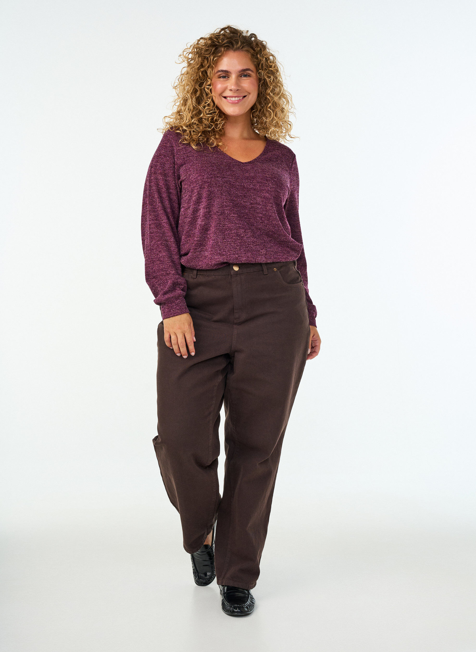 ZizziBluse aus Jersey mit V-Ausschnitt und langen &Auml;rmeln, Dunkles Bordeaux, Model image number 1