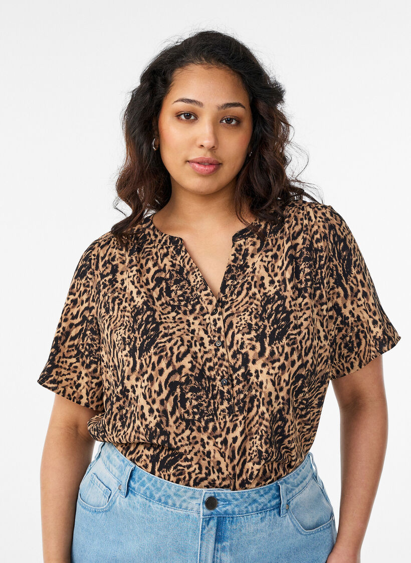 Bluse mit kurzen &Auml;rmeln und V-Ausschnitt, Braun, Model image number 0