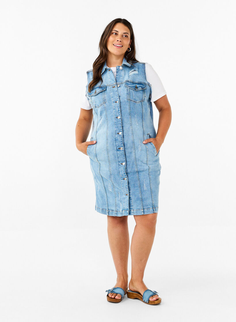 Robe en jean sans manches avec détails à bords bruts, Light Blue Denim, Model image number 2