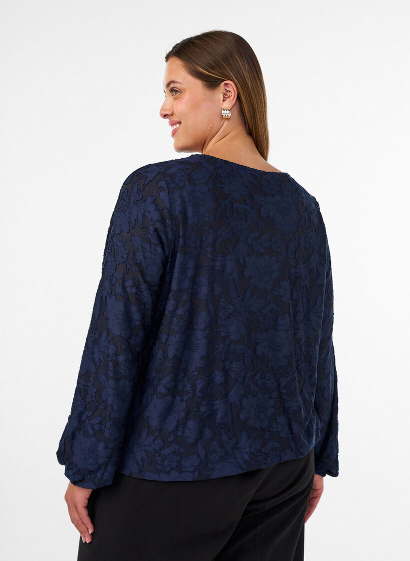 Transparente Bluse mit floraler Struktur und langen &Auml;rmeln, Blau, Model image number 2