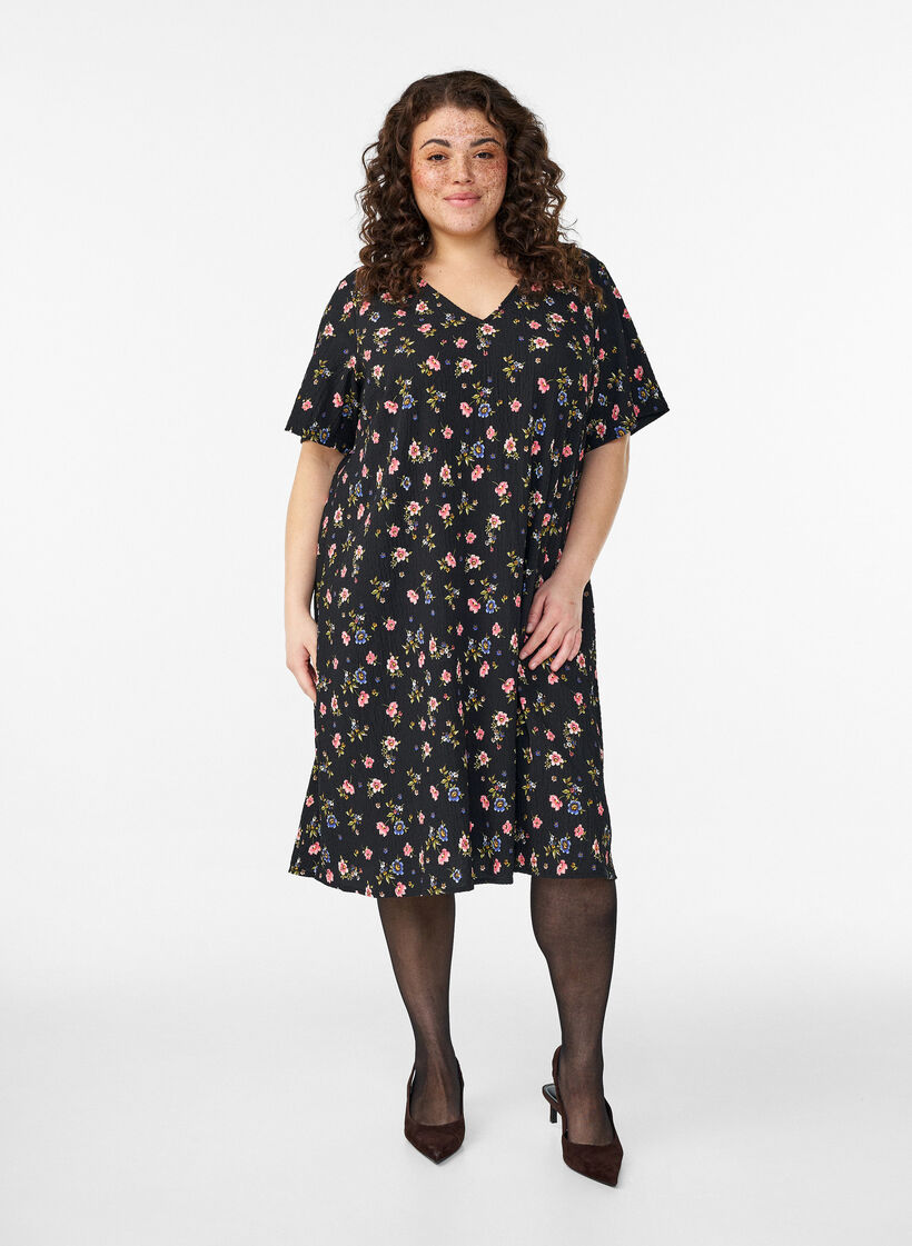 Kleid mit kurzen &Auml;rmeln und V-Ausschnitt, Schwarz, Model image number 0
