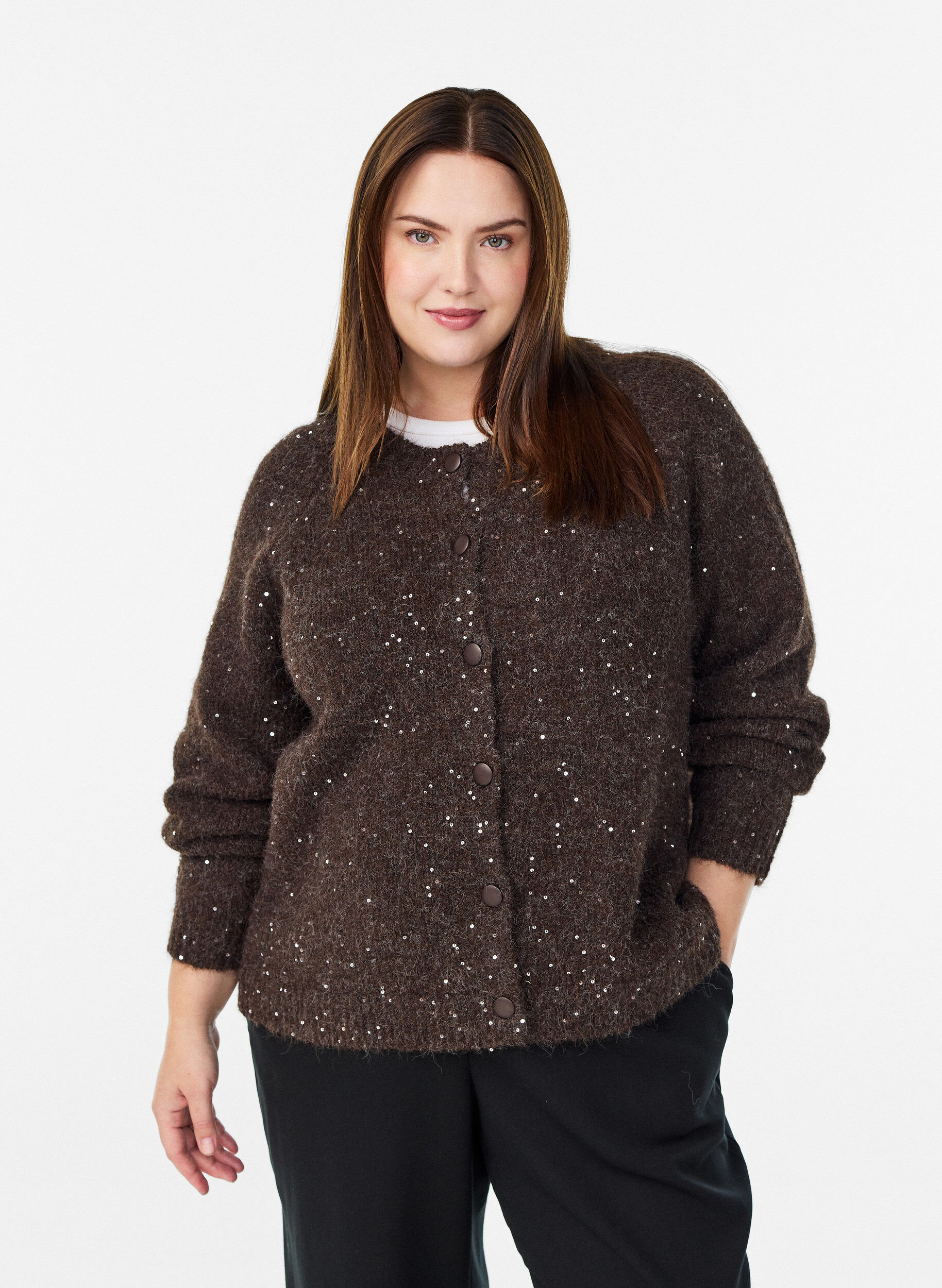 Zizzi Cardigan en maille avec sequins, Marron, Model image number 0