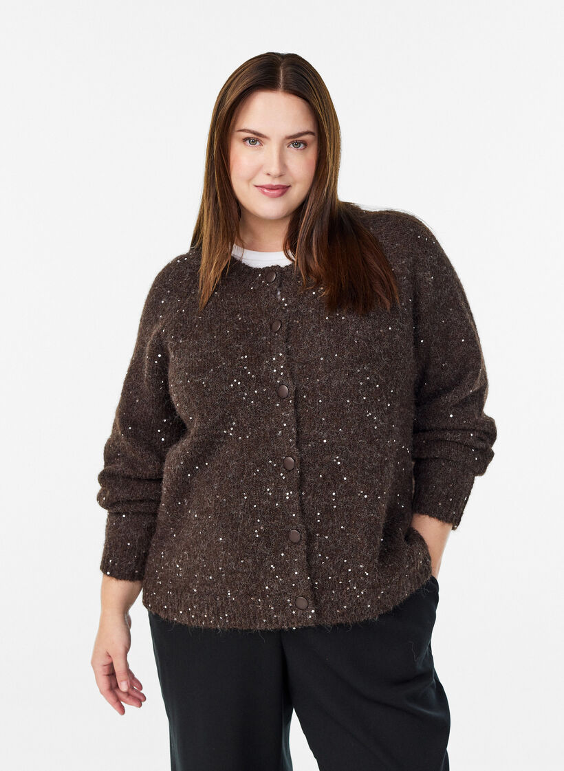 Cardigan en maille avec sequins, Marron, Model image number 0