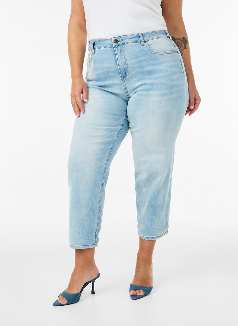 Jean 7/8 retrouss&eacute; et taille haute, Bleu Clair, Model image number 2
