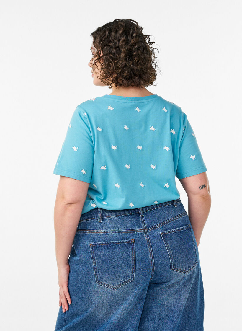 T-shirt en coton biologique avec motifs brod&eacute;s, Bleu, Model image number 2