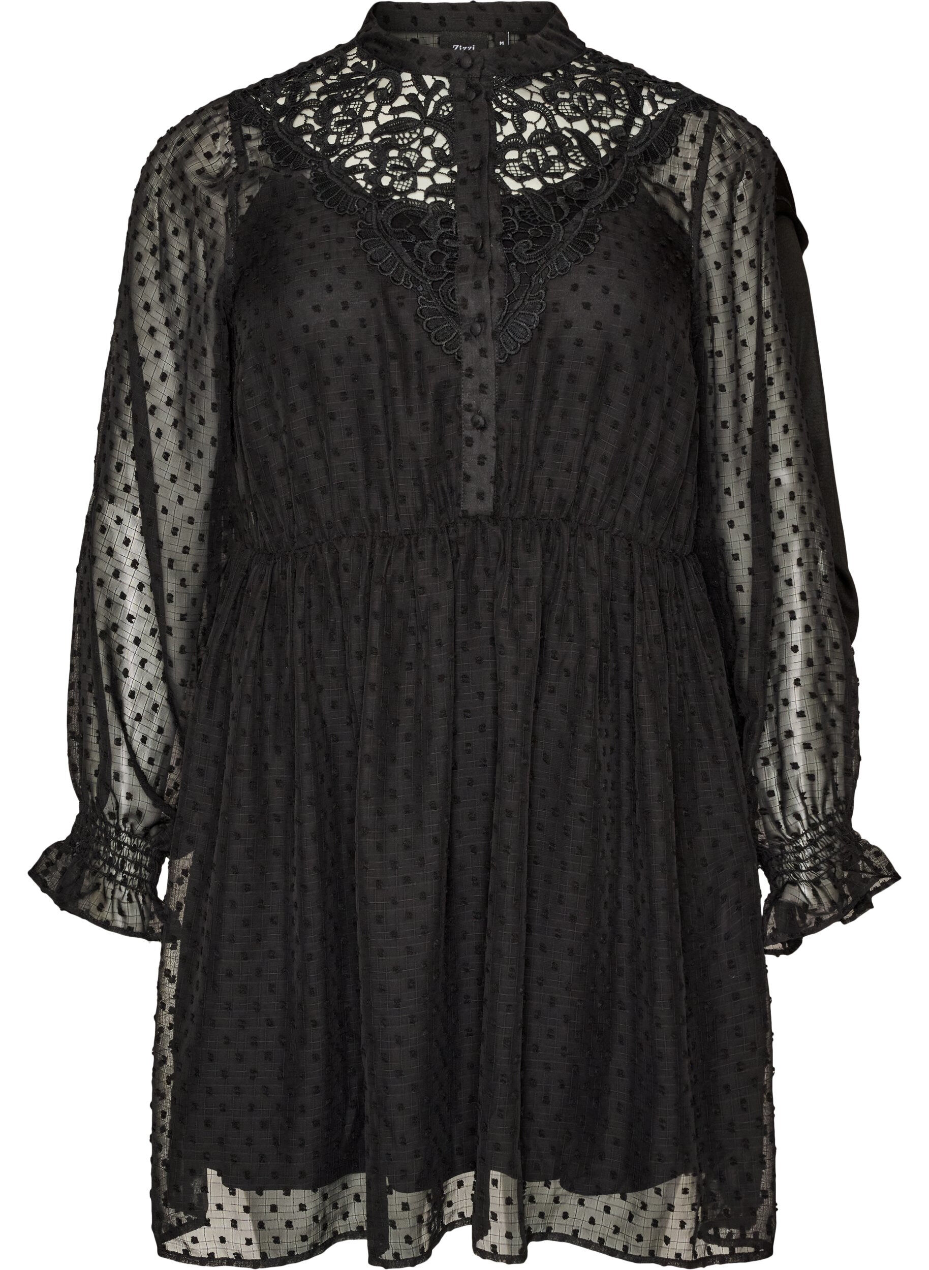 ZizziRobe en mousseline avec dentelle guipure et taille empire, Noir, Packshot image number 0