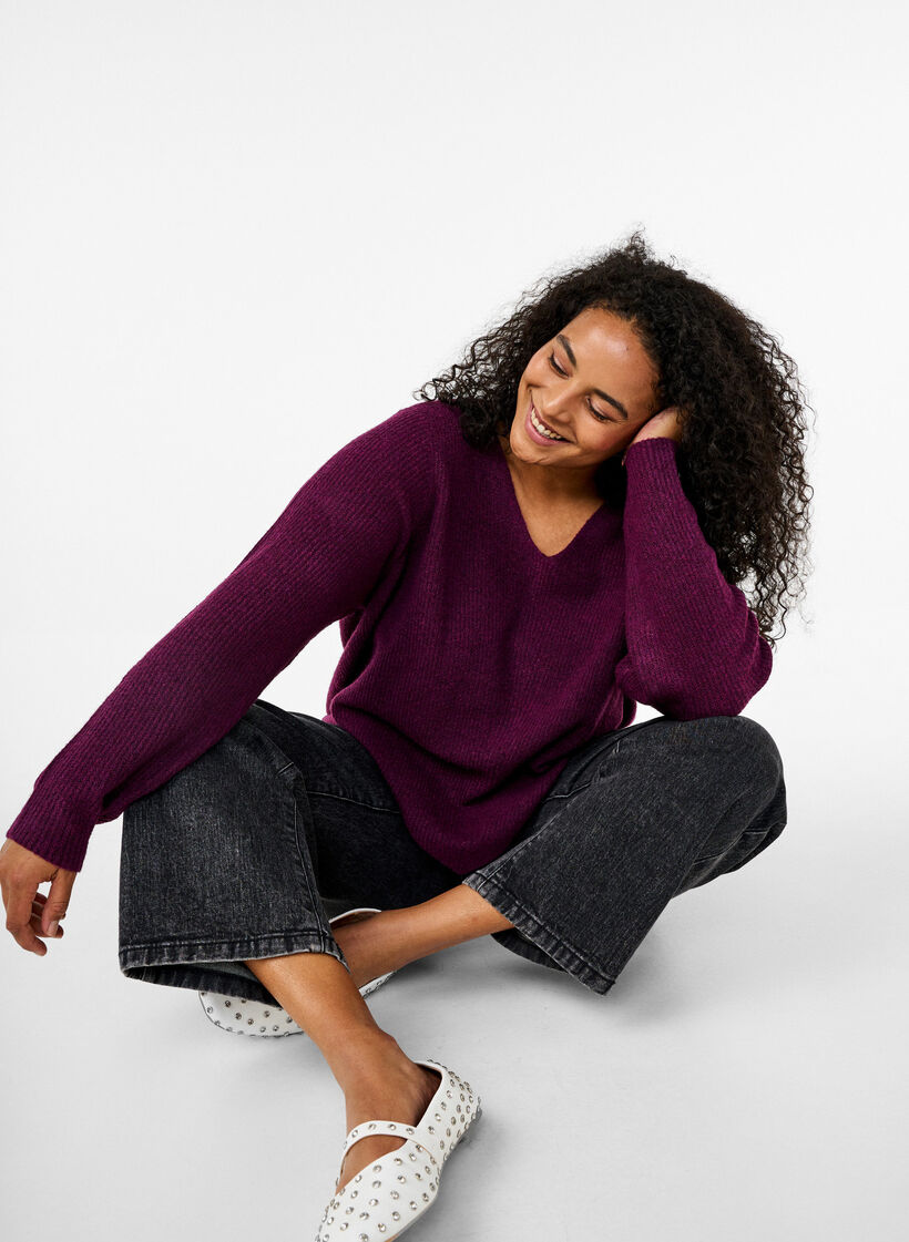 Strickbluse mit V-Ausschnitt und langen Ärmeln, Potent P. Black Mel., Image image number 0