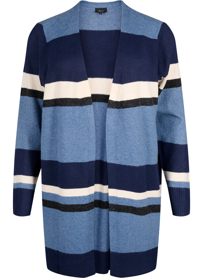 Cardigan long en tricot avec rayures larges, Bleu, Packshot image number 0