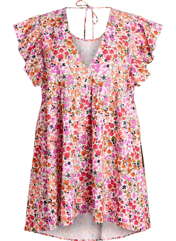 Robe fleurie en coton avec volants et col en V, Rose, Packshot image number 0