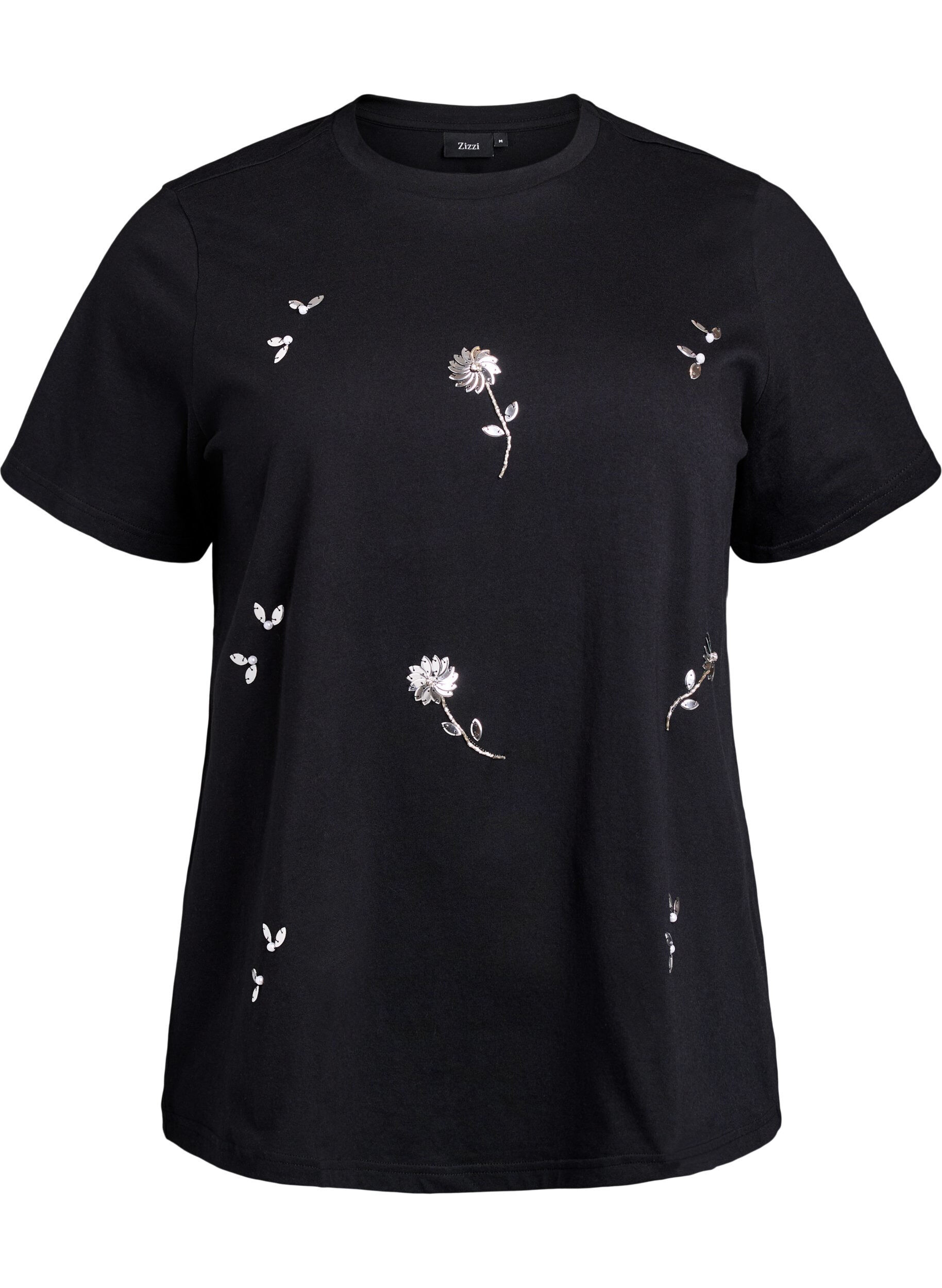 Zizzi T-Shirt mit Pailletten-Blumen, Schwarz, Packshot image number 0
