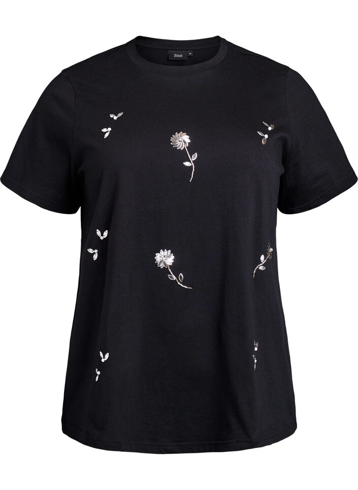 T-Shirt mit Pailletten-Blumen, Schwarz, Packshot image number 0