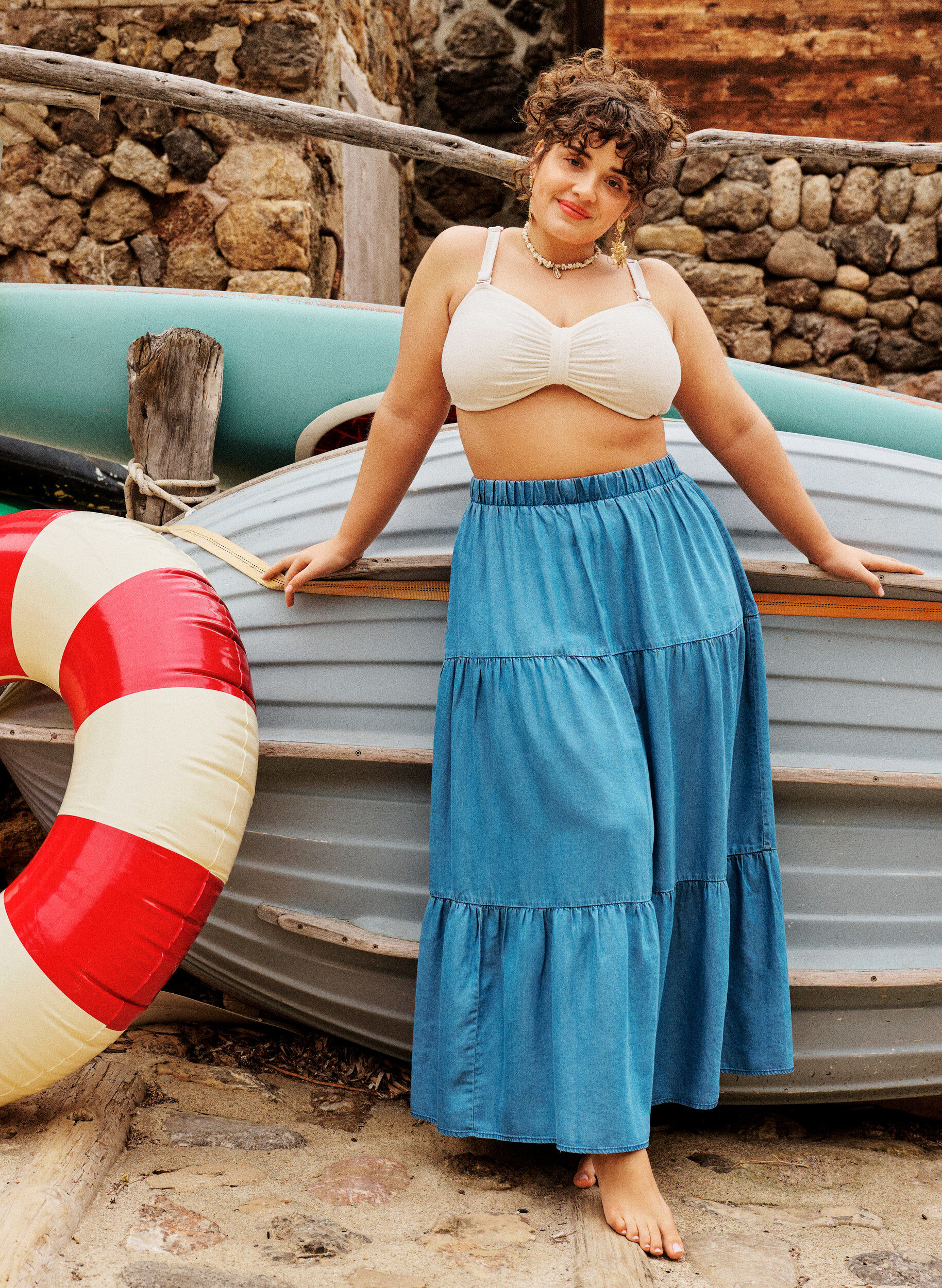 Zizzi Maxirock aus Denim mit R&uuml;schen, Blau, Image image number 0