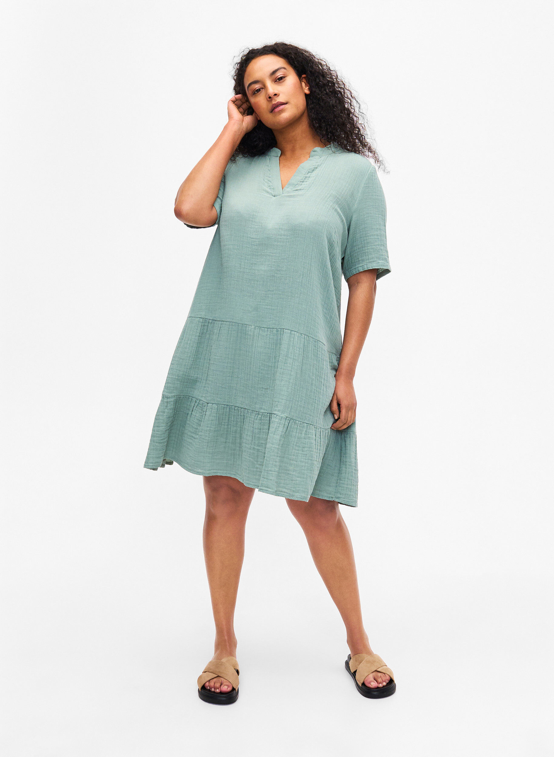 Zizzi Robe &agrave; manches courtes en coton 100 %, Chinois Green, Model image number 2