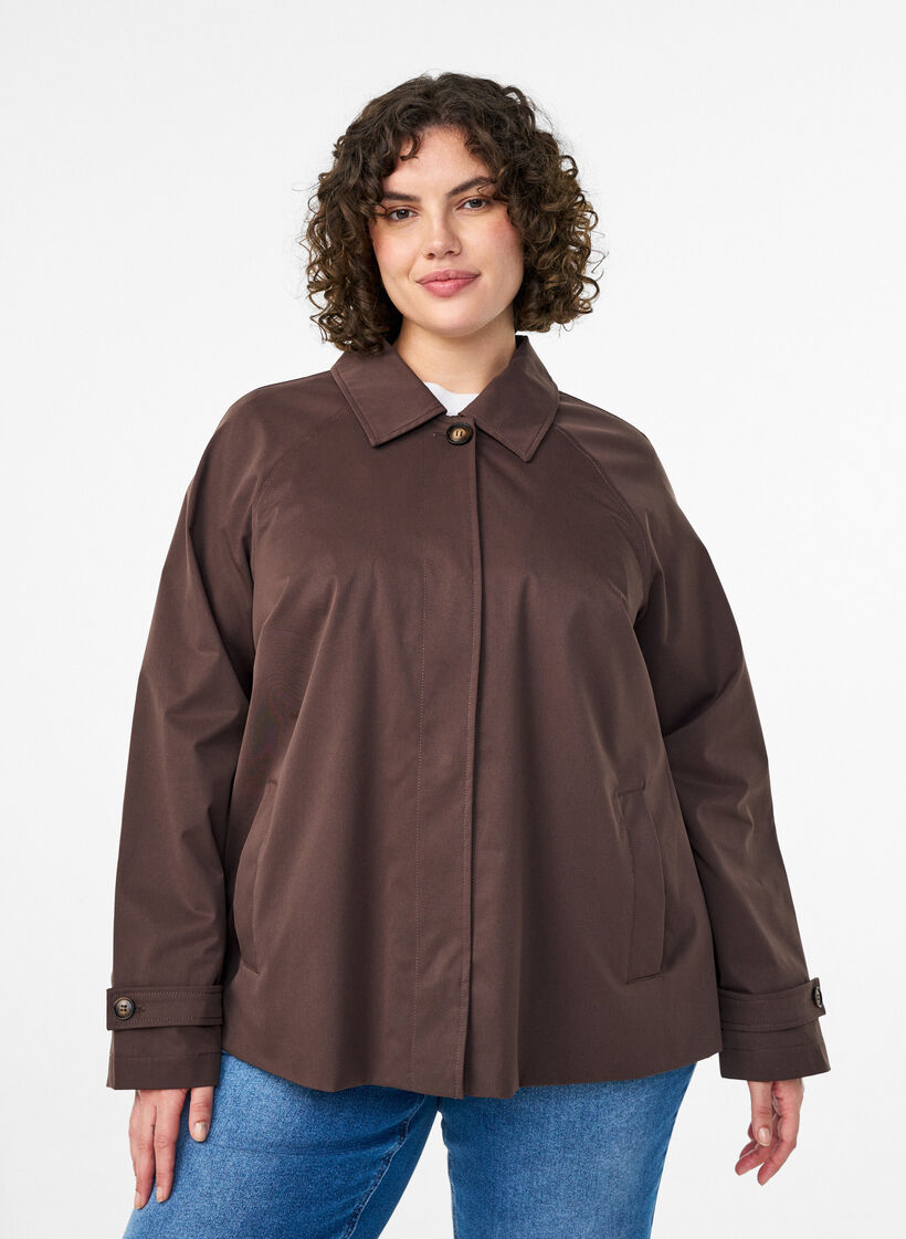 Kurzer Trenchcoat mit Kragen und Raglan&auml;rmeln, Braun, Model image number 0