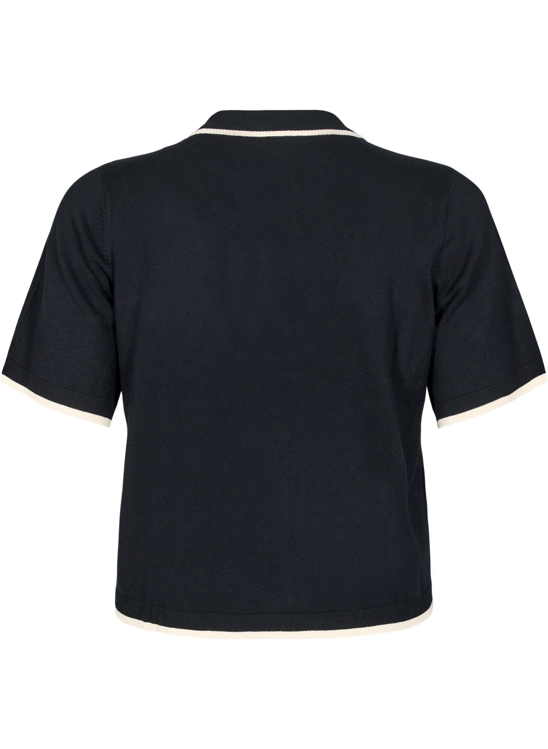 Zizzi Fein gestricktes Poloshirt mit Kontrastbesatz, Schwarz, Packshot image number 1