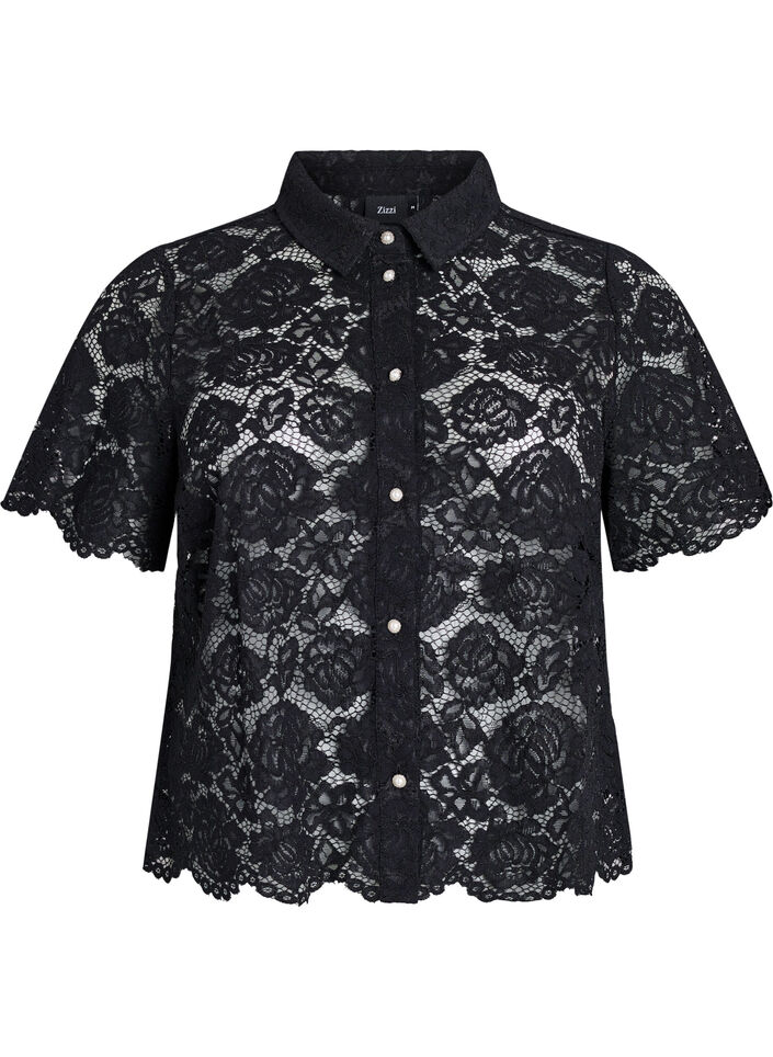 Chemisier en dentelle avec boutons perl&eacute;s, Noir, Packshot image number 0