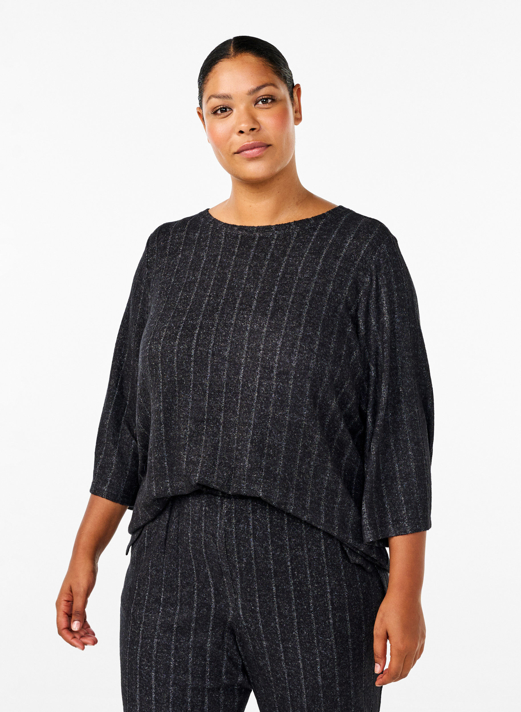 Zizzi Melange-Bluse mit 3/4-Arm, Schwarz, Model image number 0