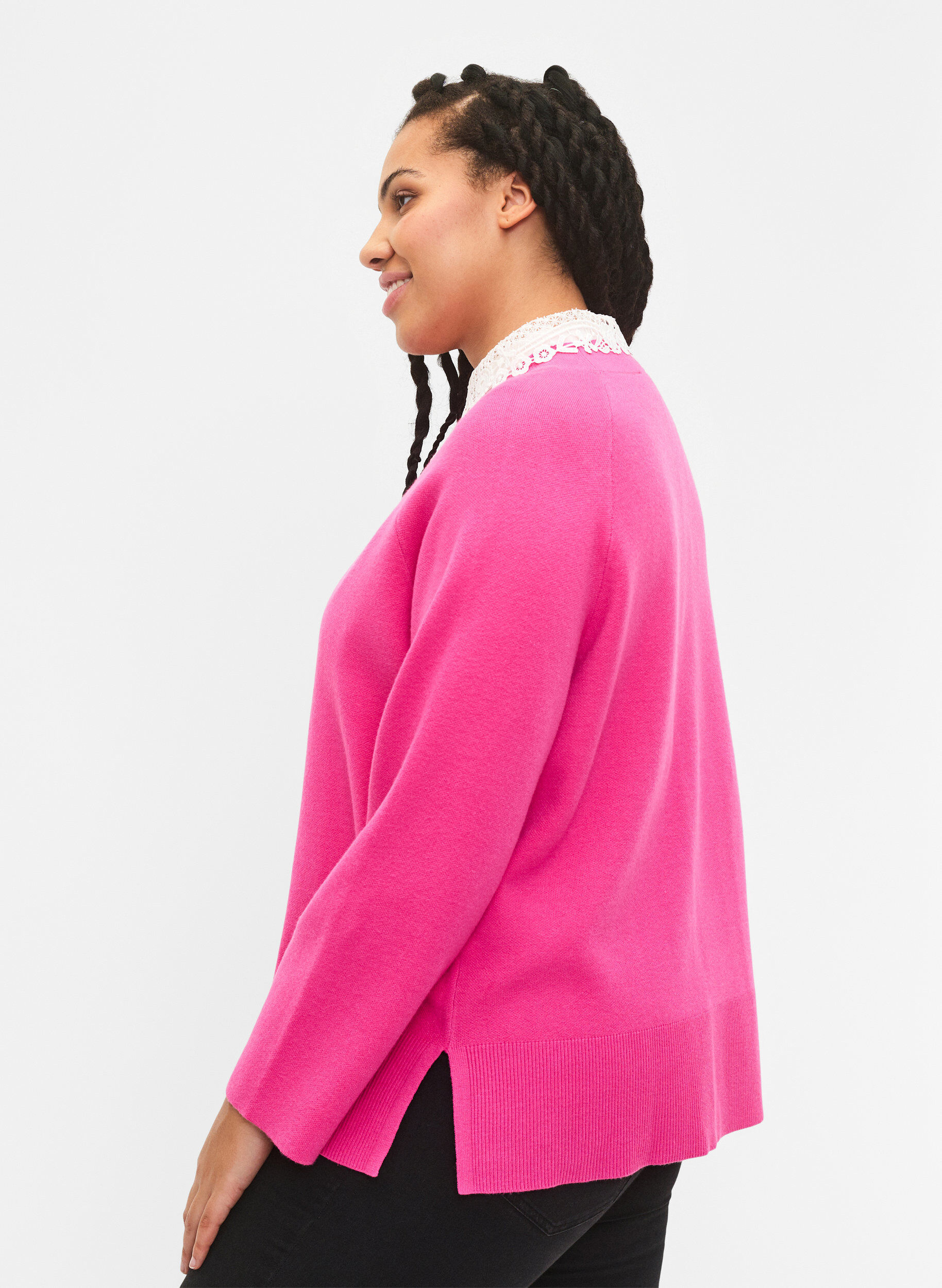 Zizzi Pull en m&eacute;lange de viscose avec fente sur le c&ocirc;t&eacute;	, Raspberry Rose, Model image number 1
