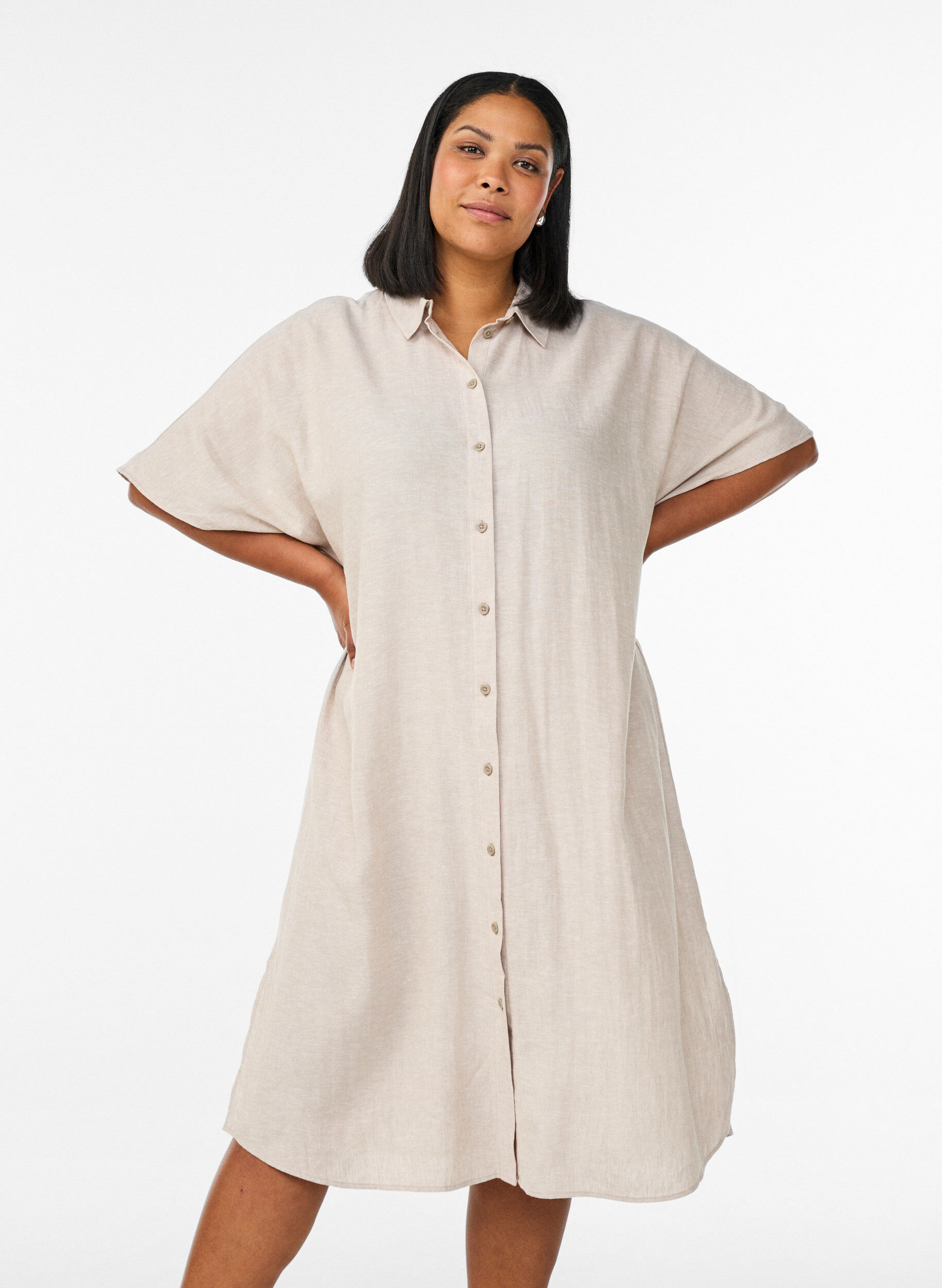 Zizzi Hemdblusenkleid aus Leinen und Viskose mit kurzen &Auml;rmeln, Beige, Model image number 0
