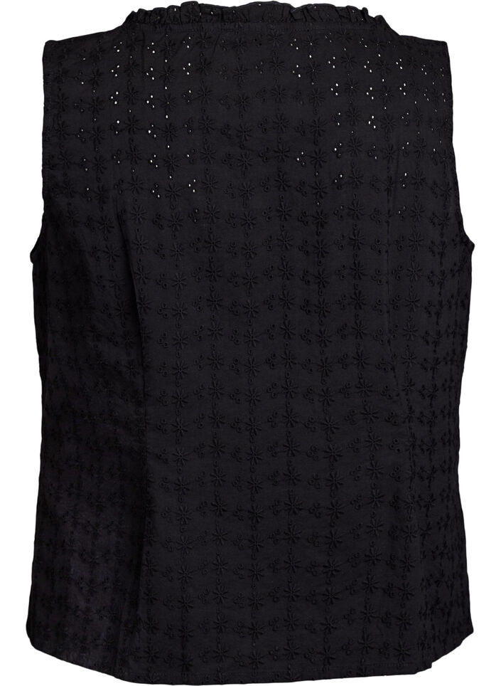 &Auml;rmellose Bluse mit Lochstickerei und R&uuml;schen, Schwarz, Packshot image number 1