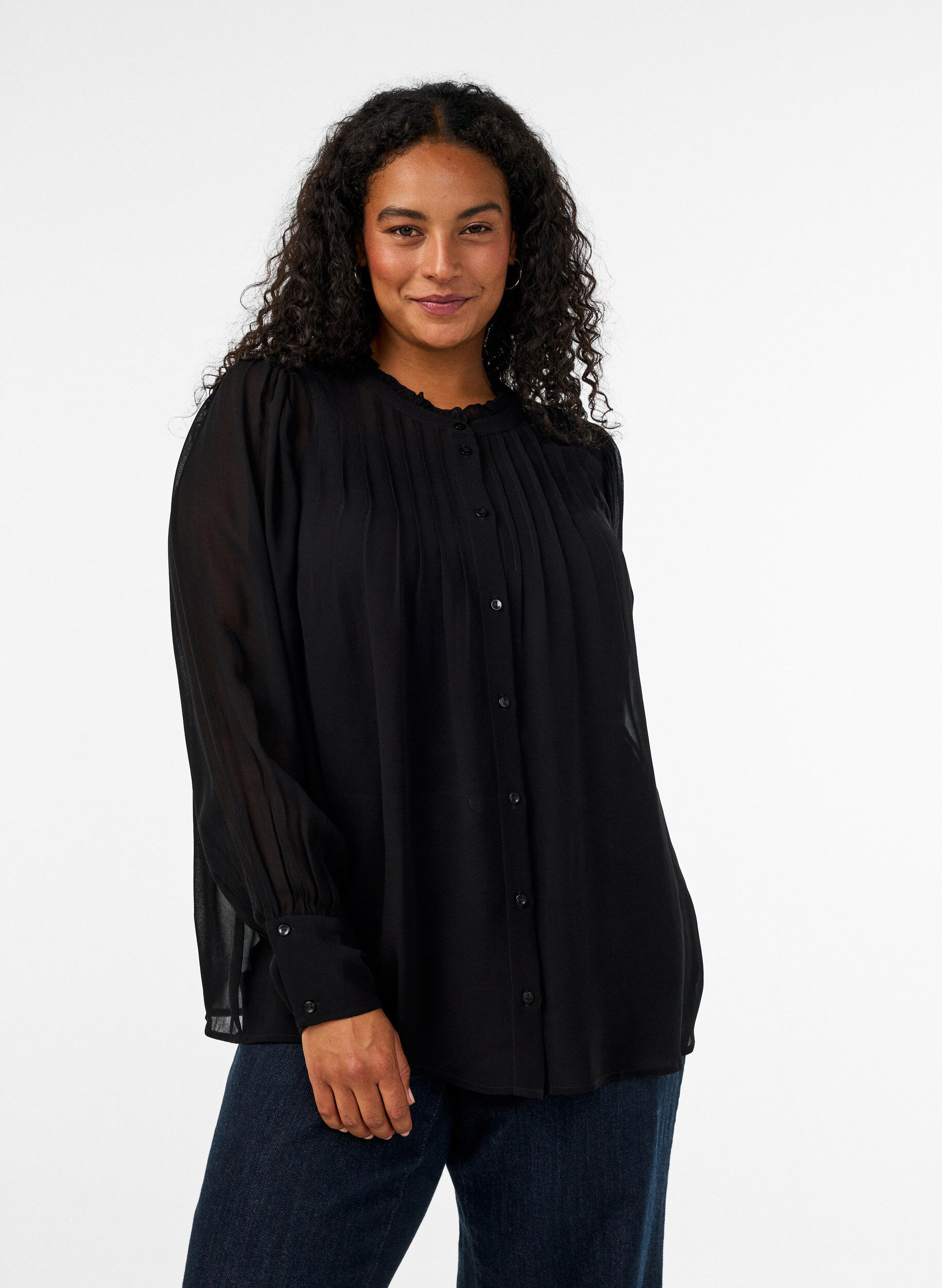 ZizziBluse aus Viskose mit R&uuml;schenkragen, Schwarz, Model image number 0