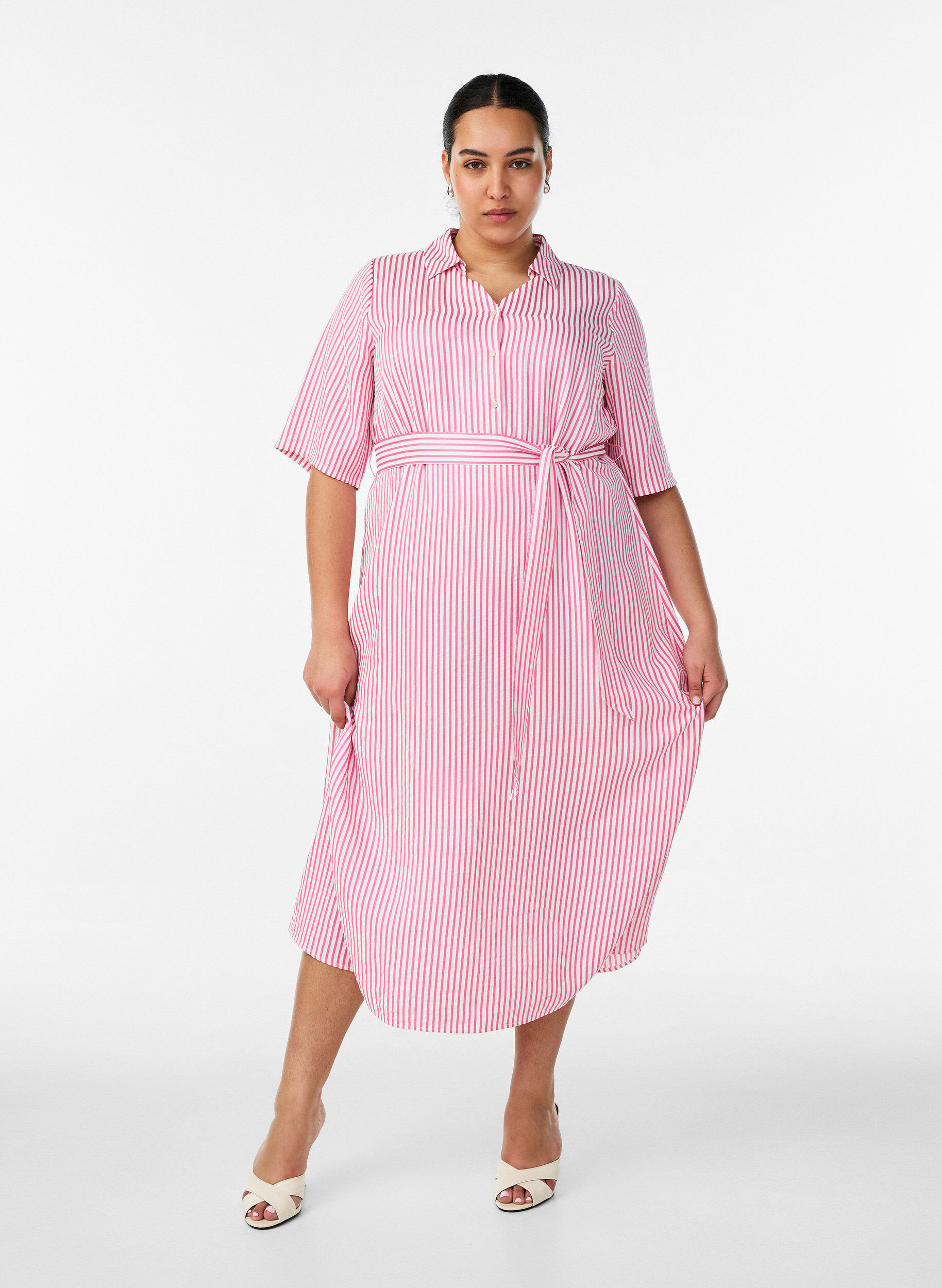 ZizziKn&ouml;chellanges Hemdblusenkleid mit Bindeg&uuml;rtel und Streifen, Pink, Model image number 0
