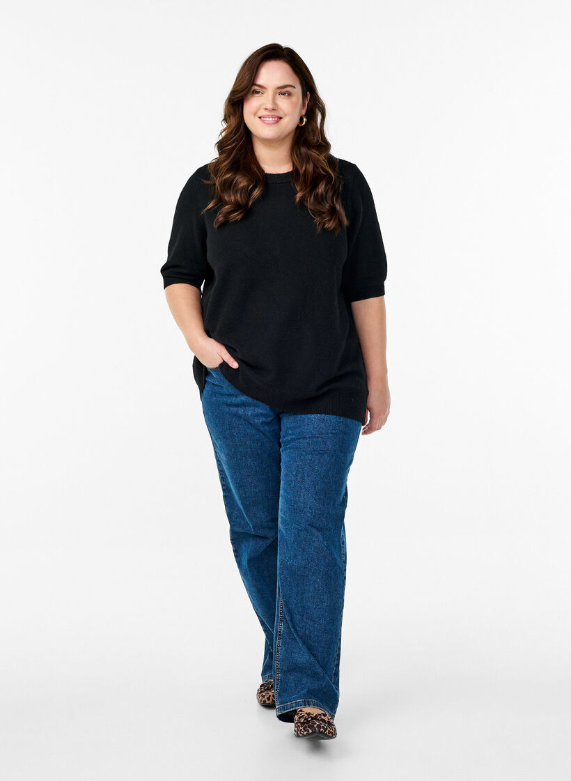 Bluse aus Strick mit kurzen Ärmeln, Schwarz, Model image number 1