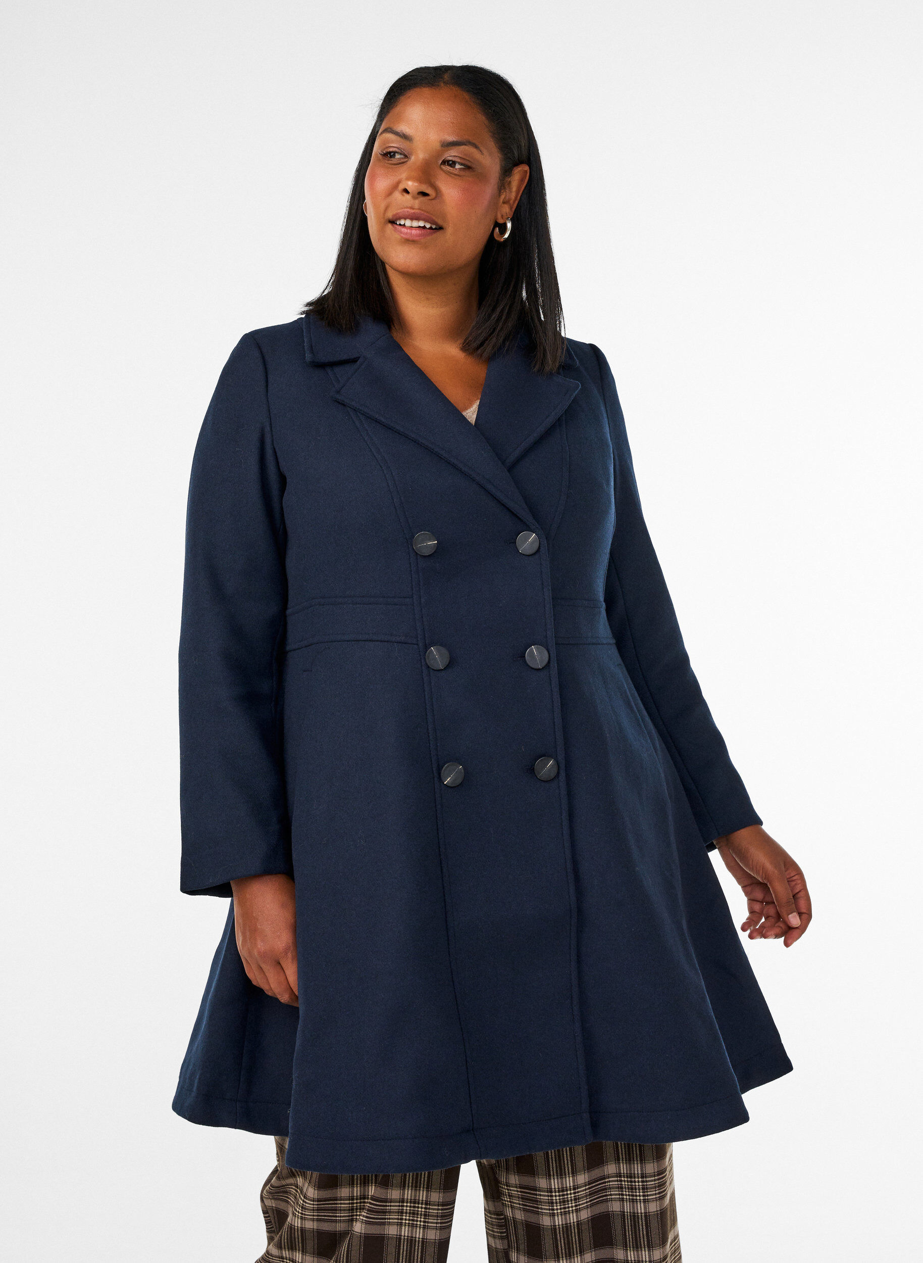 Wollmantel in A-Linie mit Taschen, Blau, Model