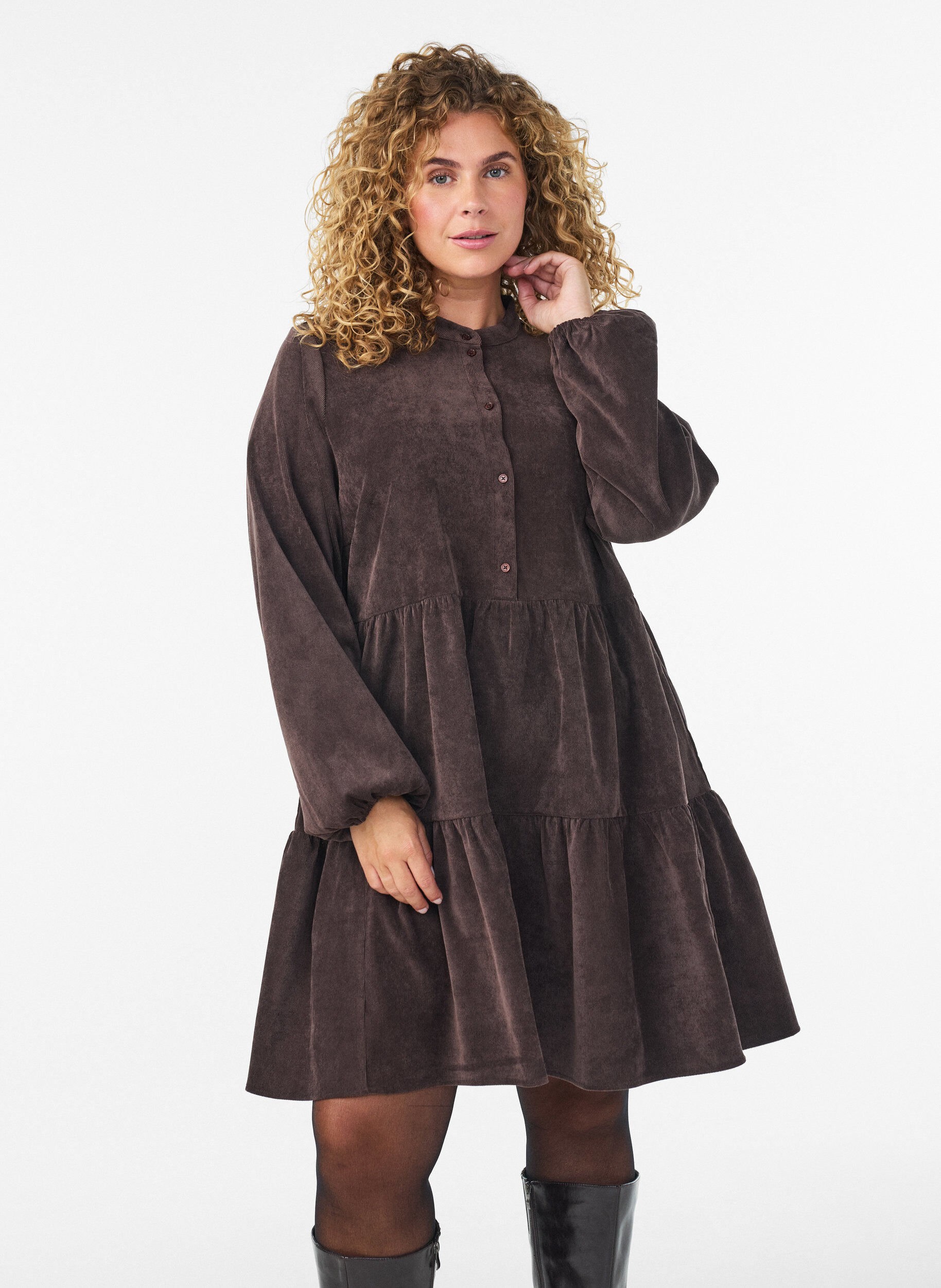 ZizziCordkleid in A-Linie mit Stehkragen, Braun, Model image number 0