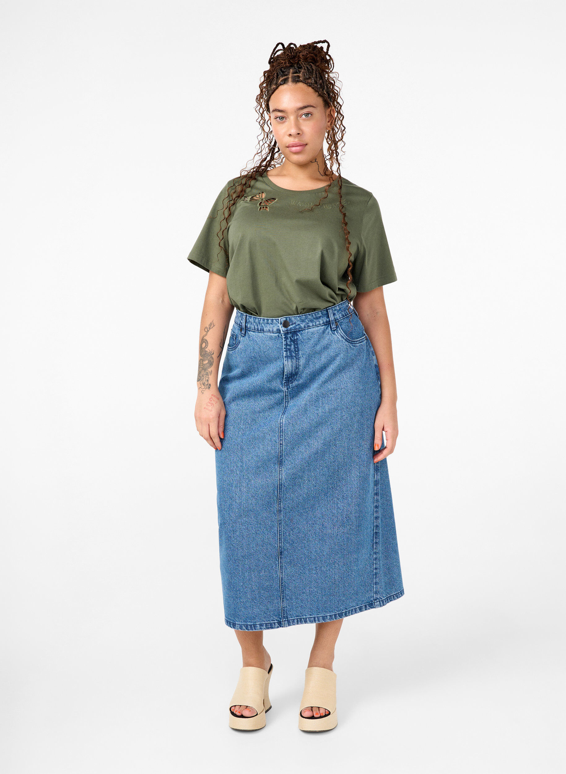 Zizzi T-shirt en coton biologique avec n&oelig;ud, Thyme, Model image number 2