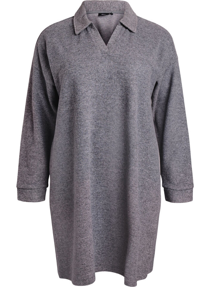 Knielanges Kleid aus Jersey mit V-Ausschnitt und Kragen, Grau, Packshot image number 0