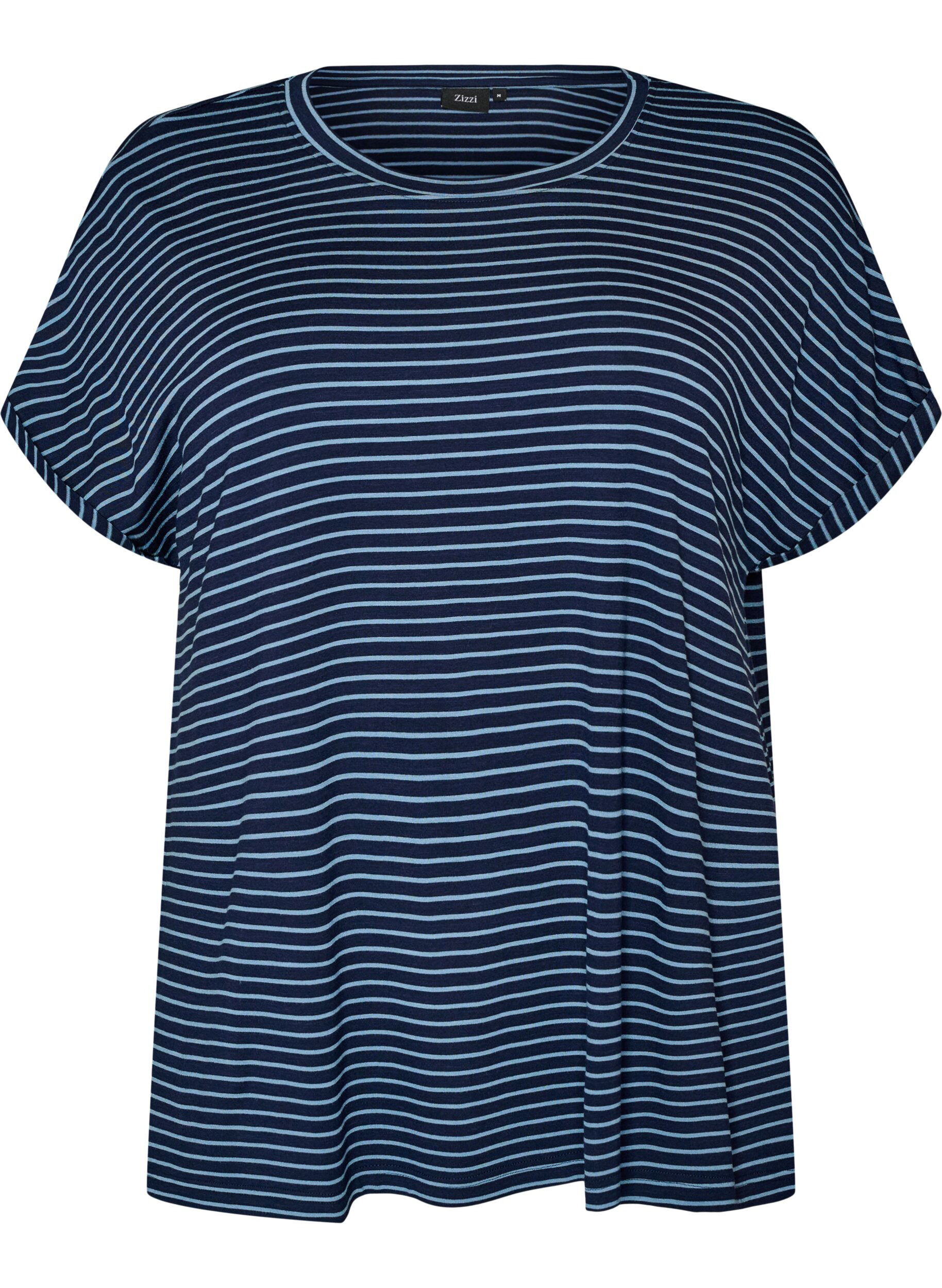ZizziT-shirt ray&eacute; en viscose avec un col rond, Bleu, Packshot image number 0