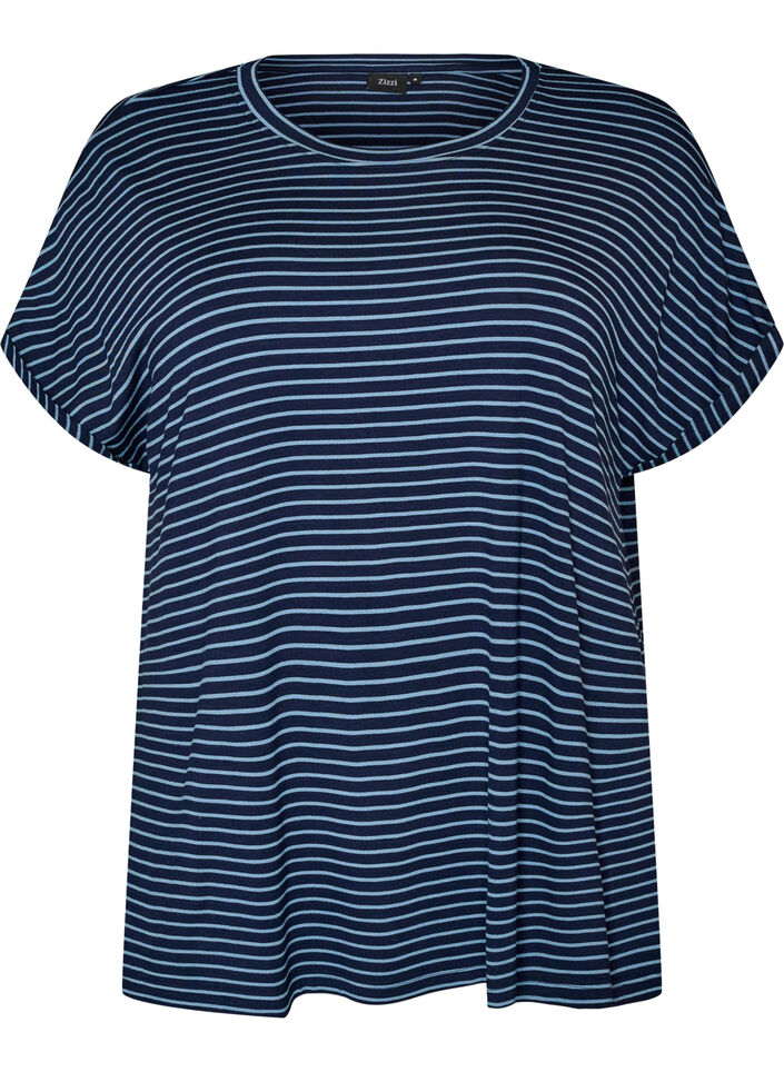 T-shirt ray&eacute; en viscose avec un col rond, Bleu, Packshot image number 0