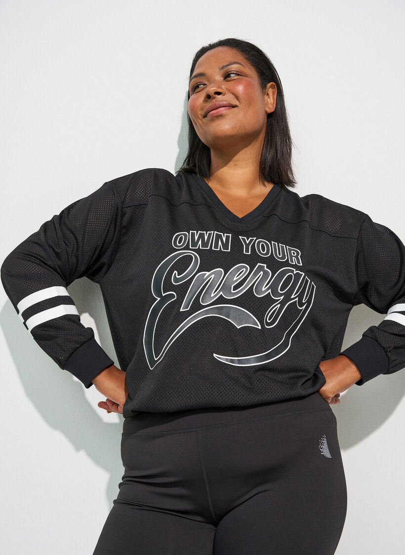 Haut sportif en maille avec imprim&eacute; texte, Noir, Model image number 3