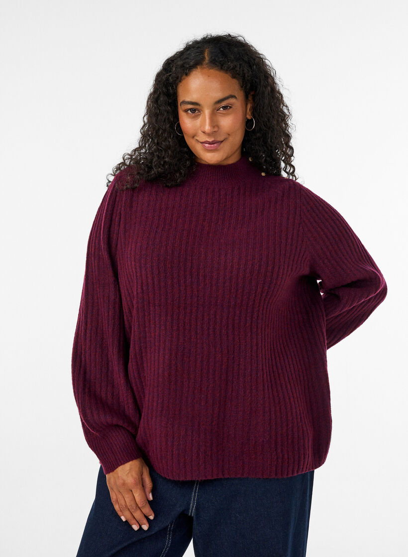 Pullover aus Rippstrick mit Puff&auml;rmeln und Kn&ouml;pfen, Dunkles Bordeaux, Model image number 0