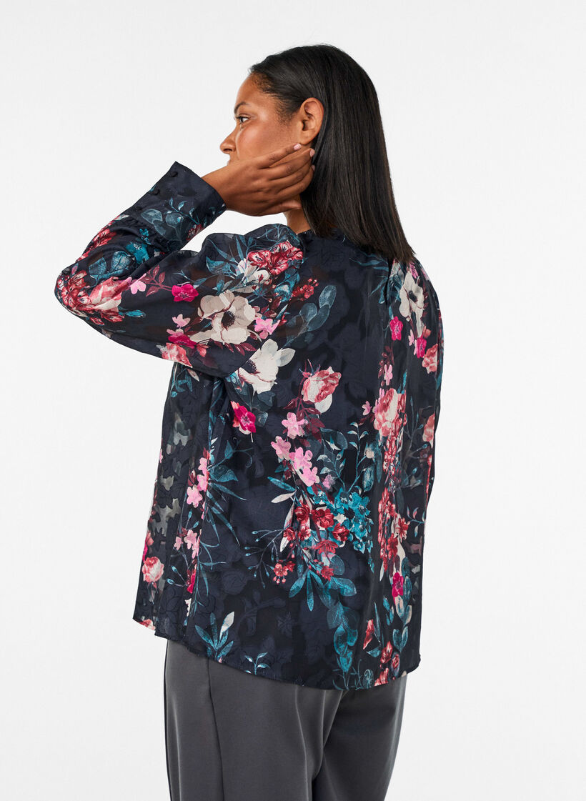 Gebl&uuml;mte Bluse mit Webstruktur, Schwarz, Model image number 2