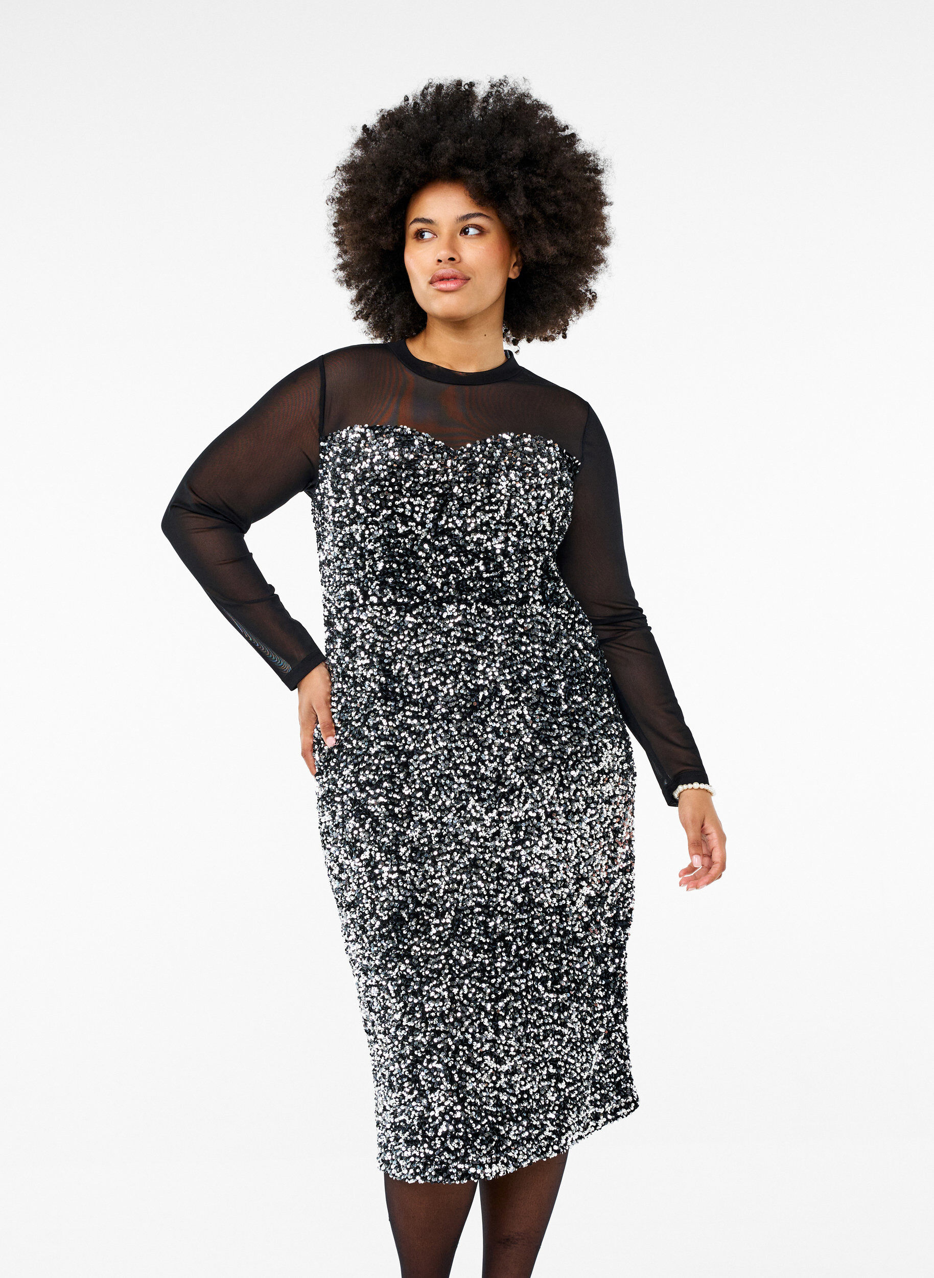 Zizzi Glitzerkleid mit Pailletten, Black w. Silver, Image image number 0