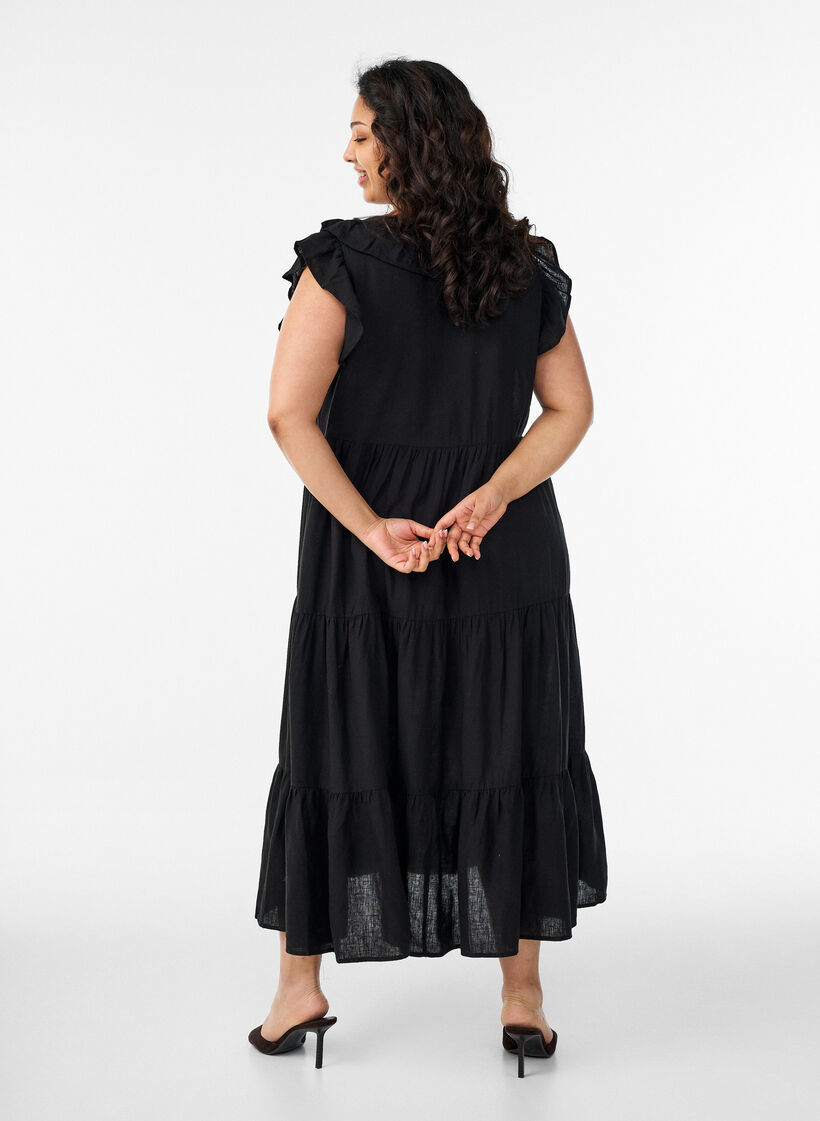 &Auml;rmelloses Midikleid aus Leinen und Viskose mit R&uuml;schen, Schwarz, Model image number 1
