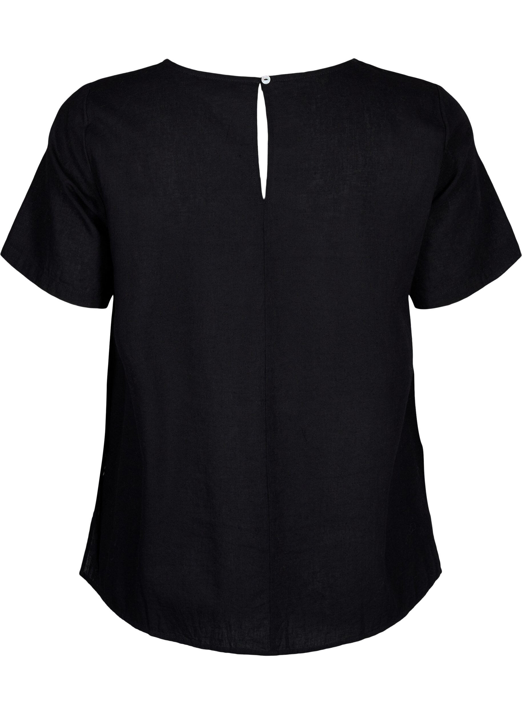 Zizzi Blouse &agrave; manches courtes en m&eacute;lange de coton et lin avec d&eacute;tail lac&eacute;, Black, Packshot image number 1
