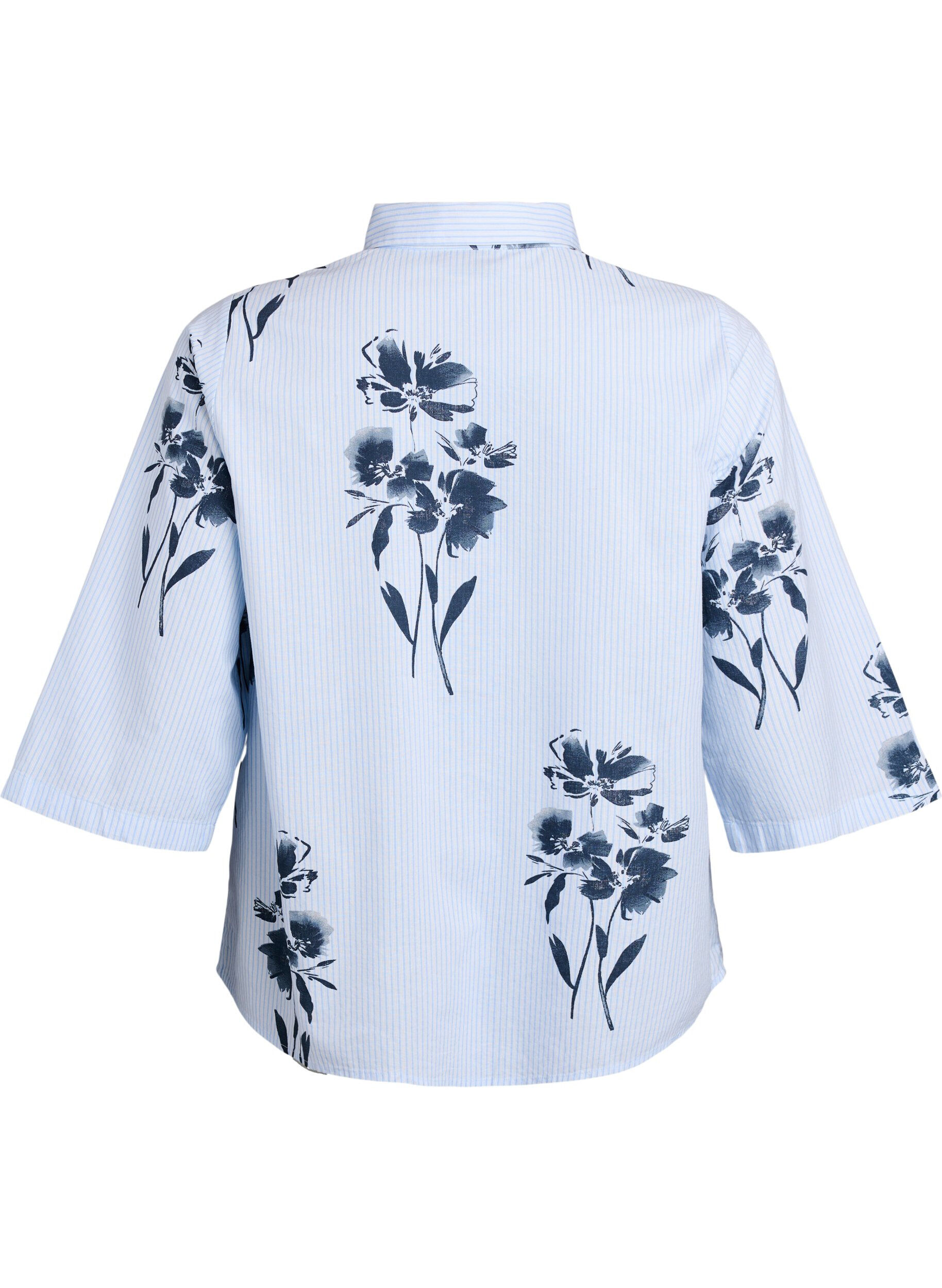 Zizzi Gestreiftes Shirt mit Blumenprint und 3/4-&Auml;rmeln, Blau, Packshot image number 1