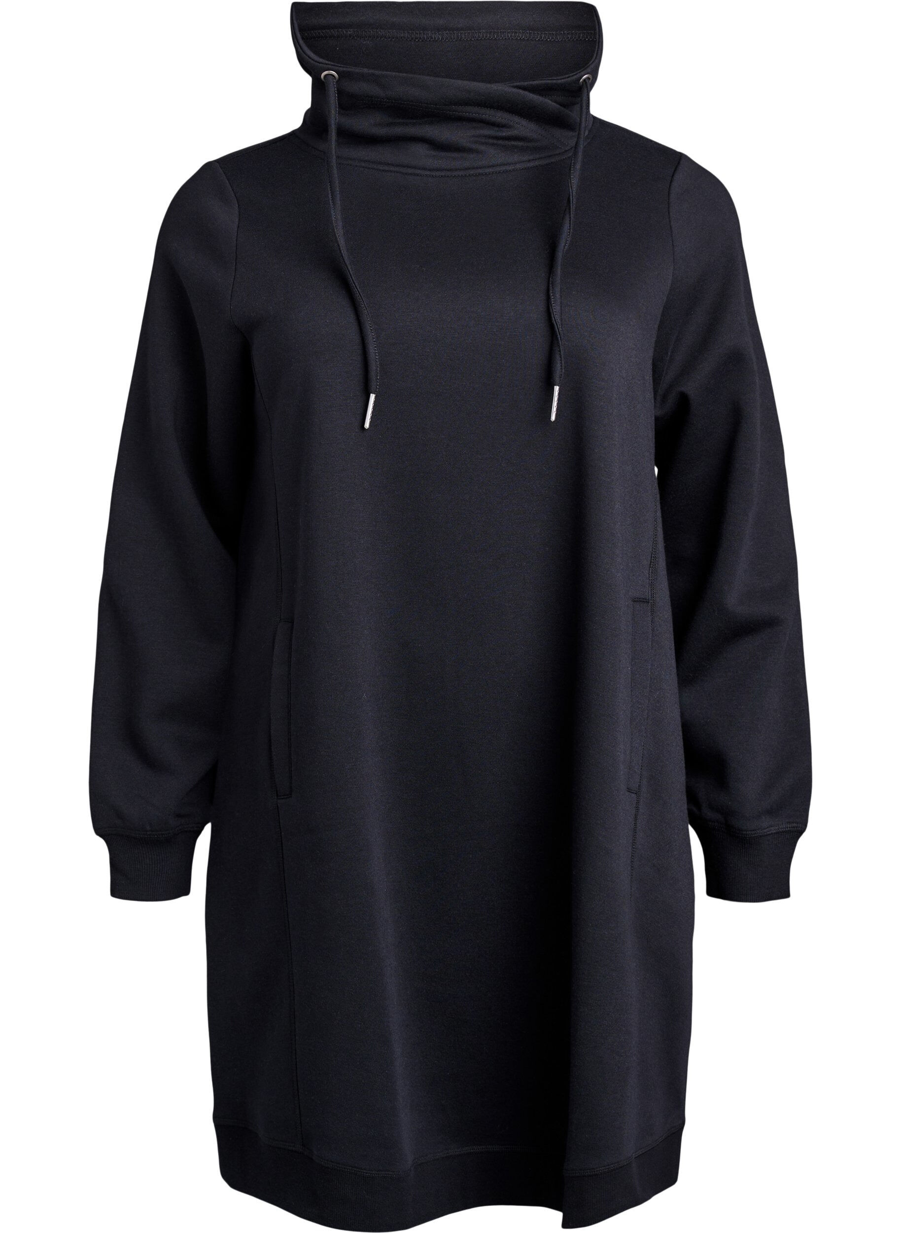 Zizzi Kurzes Sweatshirtkleid mit Stehkragen und Taschen, Schwarz, Packshot image number 0