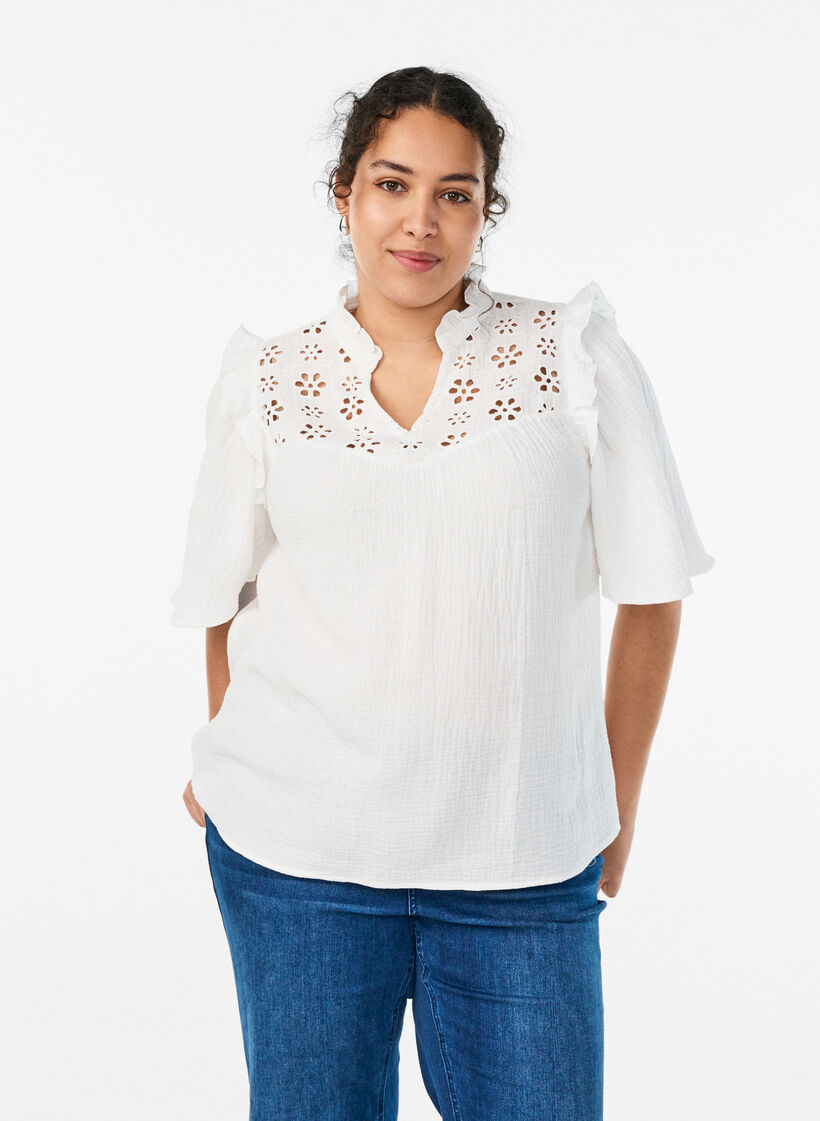 Blouse en mousseline de coton avec broderie anglaise et manches 1/2, Blanc, Model image number 0