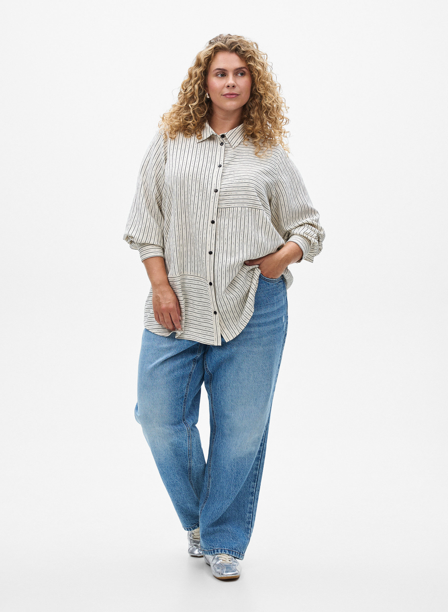 Zizzi Bluse mit Streifenmuster, Wei&szlig;, Model image number 1