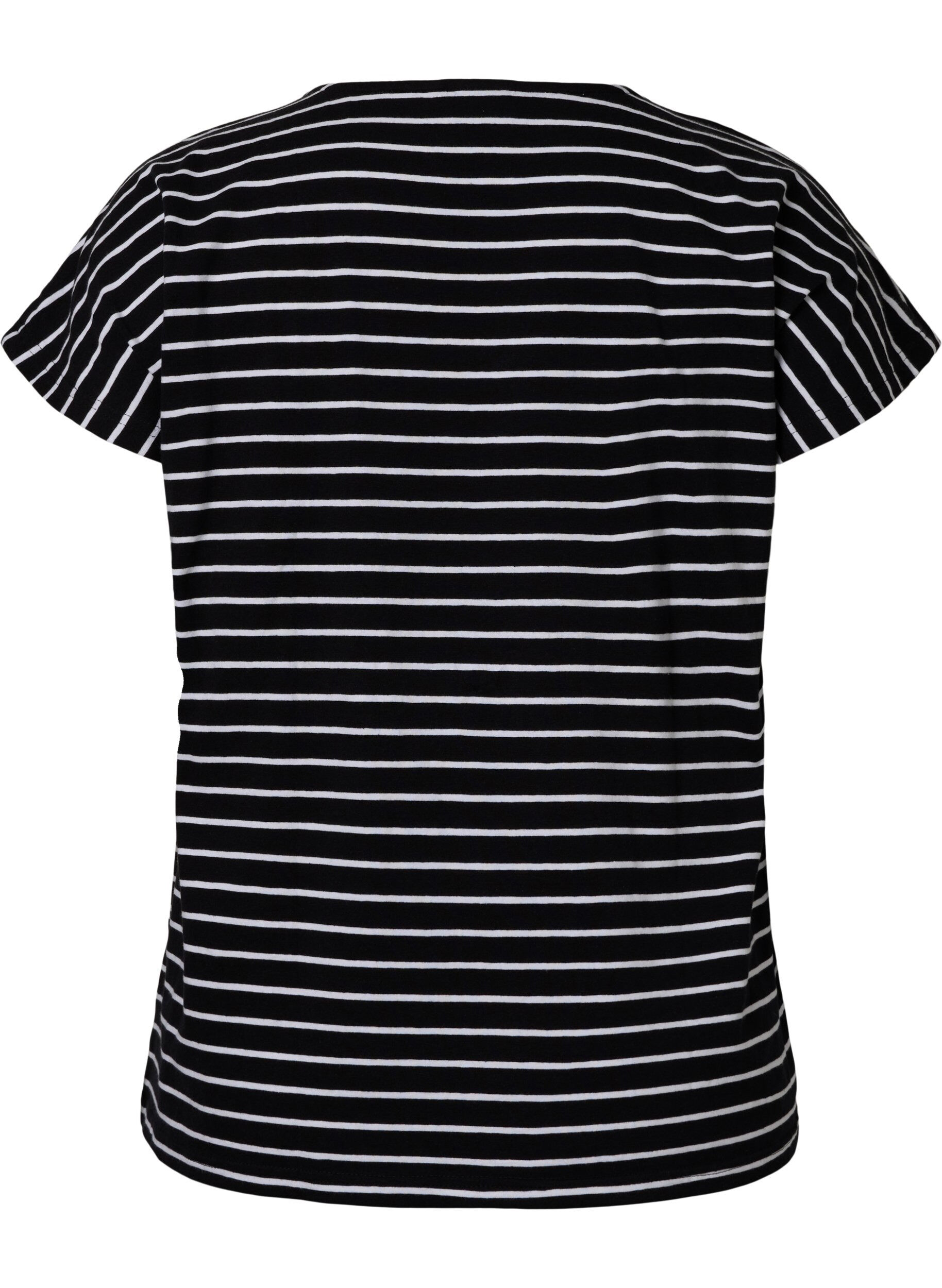 Zizzi T-shirt en coton &agrave; rayures, Black W. Stripe, Packshot image number 1