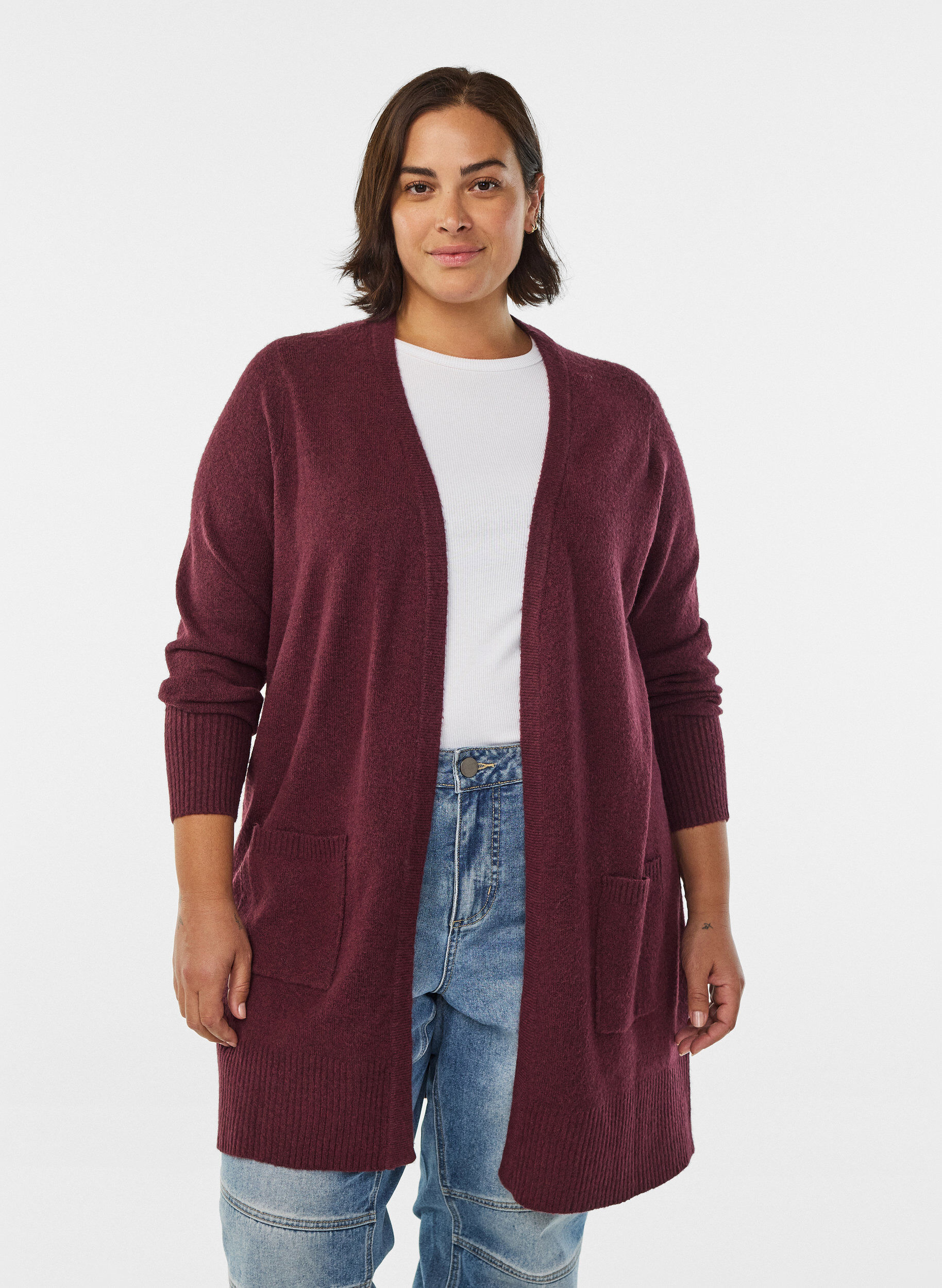 Cardigan en tricot c&ocirc;tel&eacute; avec poches, Bordeaux fonc&eacute;, Model
