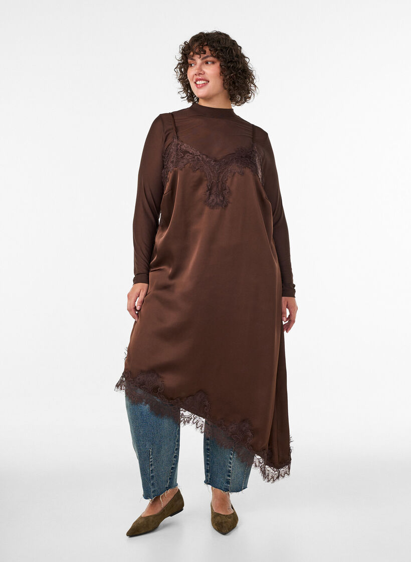 Robe en satin avec dentelle et ourlet asym&eacute;trique, Marron, Model image number 0