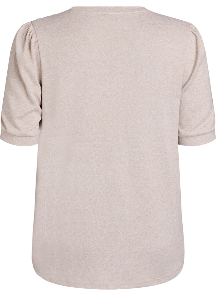 Bluse mit Knopfdetail und kurzen Puff&auml;rmeln, Beige, Packshot image number 1