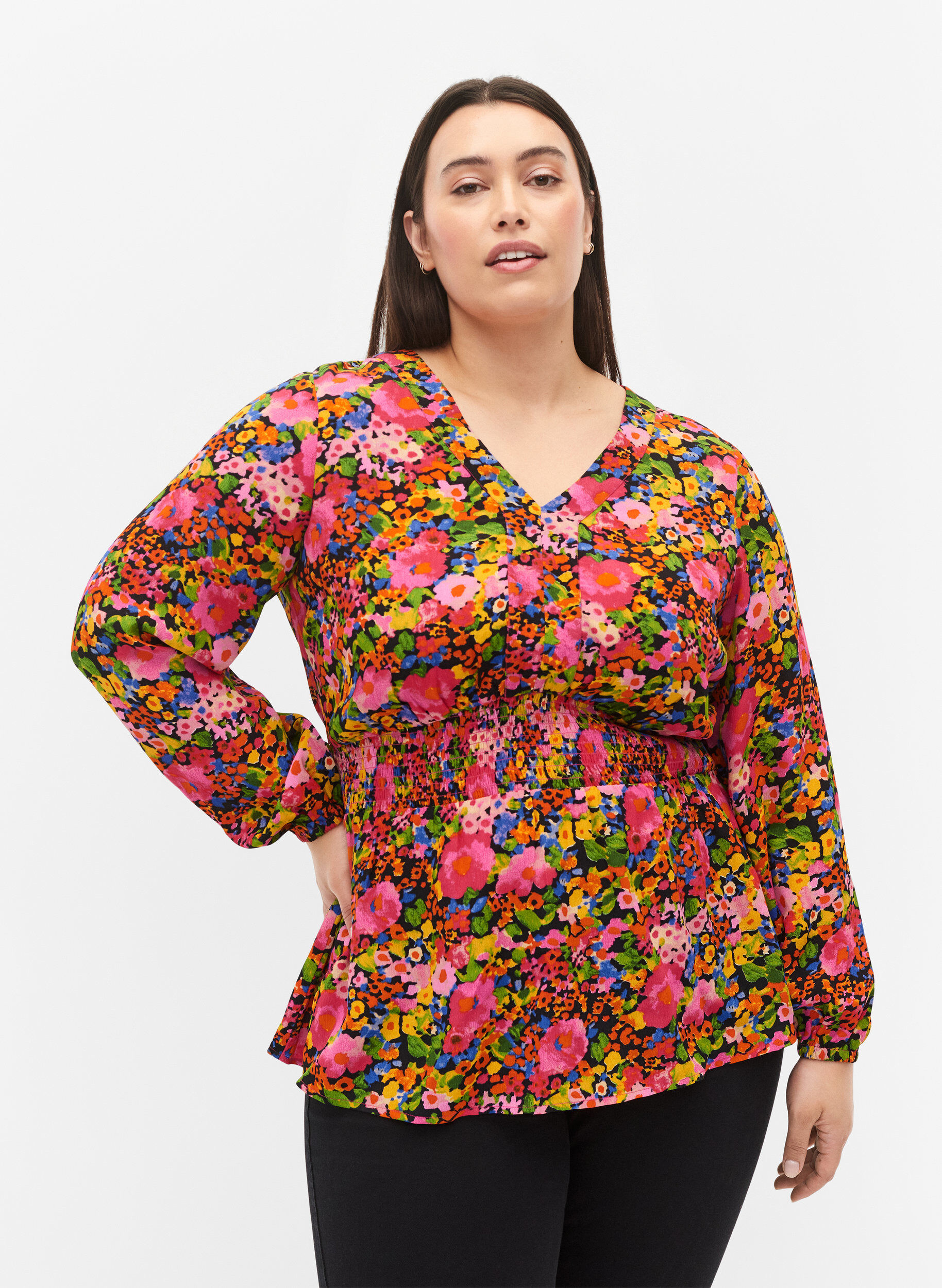 Zizzi Viskosebluse mit Blumendruck und Smock, Neon Flower Print, Model image number 0